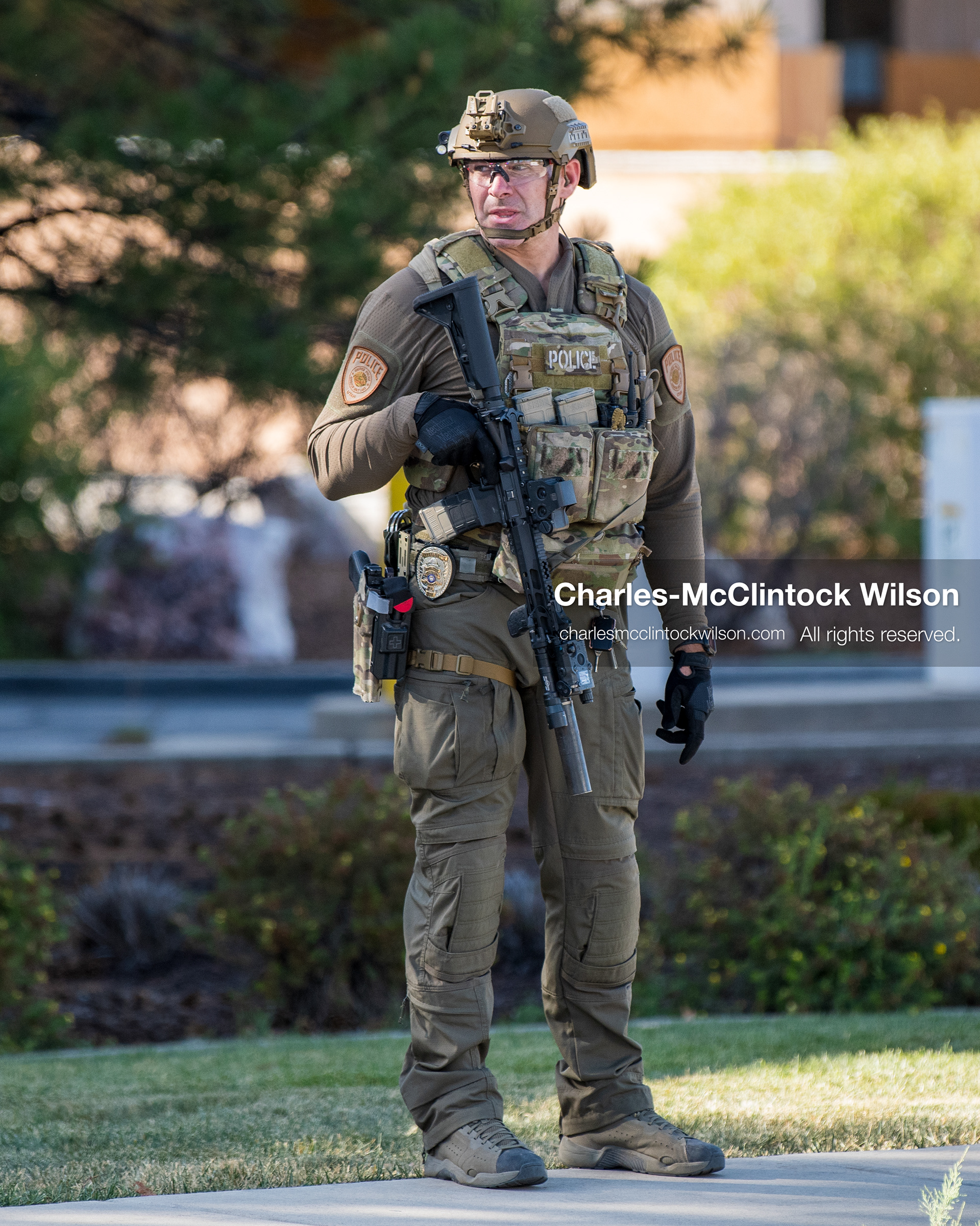 August 17, 2026, Murray, Utah, USA: A law enforcement officer stands guard outside Intermountain Medical Center in Murray, Utah, on Monday. Multiple police agencies secured the hospital perimeter as a safety precaution after shooting victims were brought in from a fatal shootout outside a funeral in nearby Kearns. (Credit Image: © Charles McClintock Wilson/ZUMA Press Wire)
