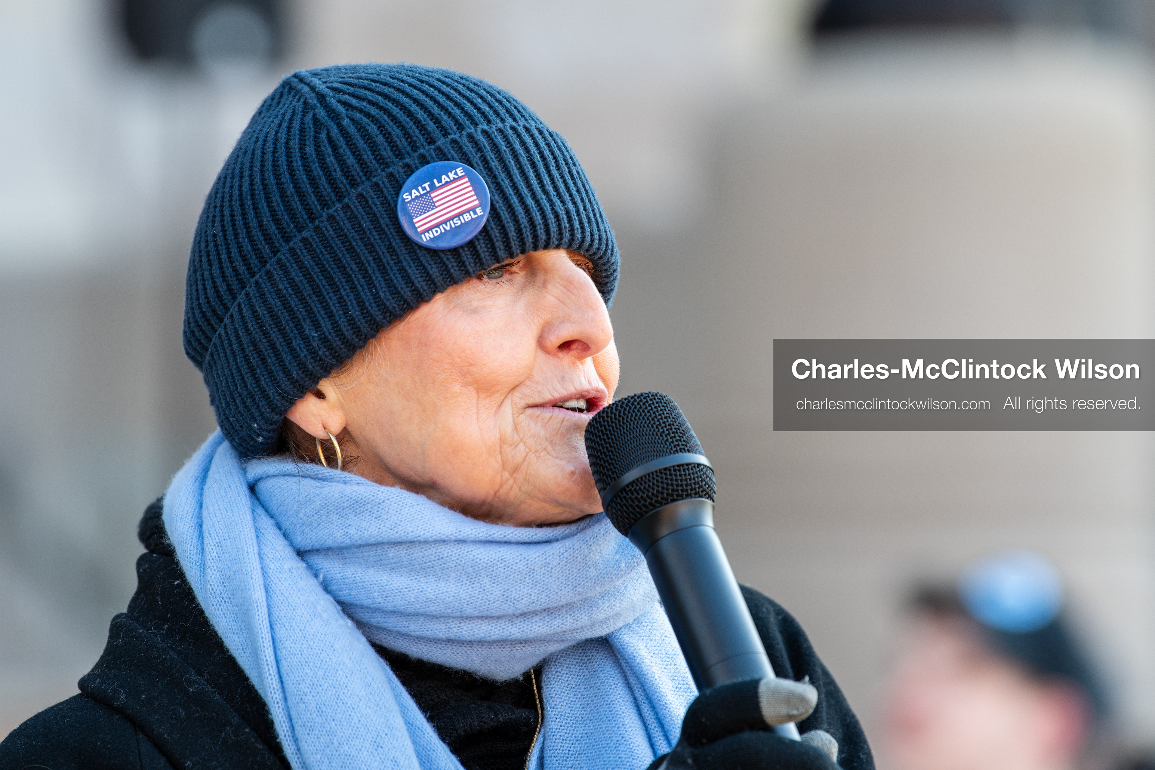 Salt Lake City, Utah, January 10, 2026: Sarah Buck, leader and key organizer for Salt Lake Indivisible, speaks during the ICE Out for Good protest at Washington Square Park, a demonstration calling for justice for Renee Nicole Good. Salt Lake Indivisible is a local grassroots organization that opposes policies of the Trump administration and advocates for democratic protections. (Credit Image: © Charles‑McClintock Wilson/ZUMA Press Wire)