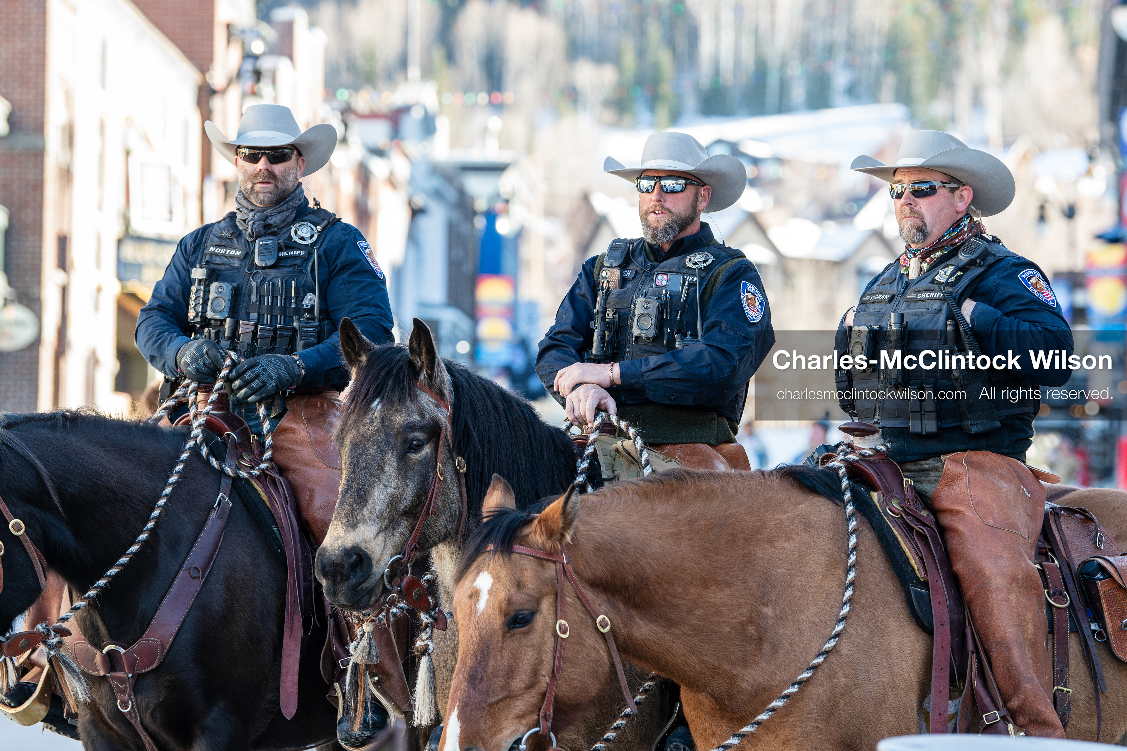  January 26, 2026, Park City, Utah, USA: Mounted law enforcement officers patrol Main Street during a protest opposing U.S. Immigration and Customs Enforcement (I.C.E.) ICE agents at the Sundance Film Festival in Park City, Utah, on Monday, Jan. 26, 2026. The event was held in response to the fatal shooting of Alex Pretti by a U.S. Border Patrol officer in Minneapolis. (Credit Image: © Charles McClintock Wilson/ZUMA Press Wire)