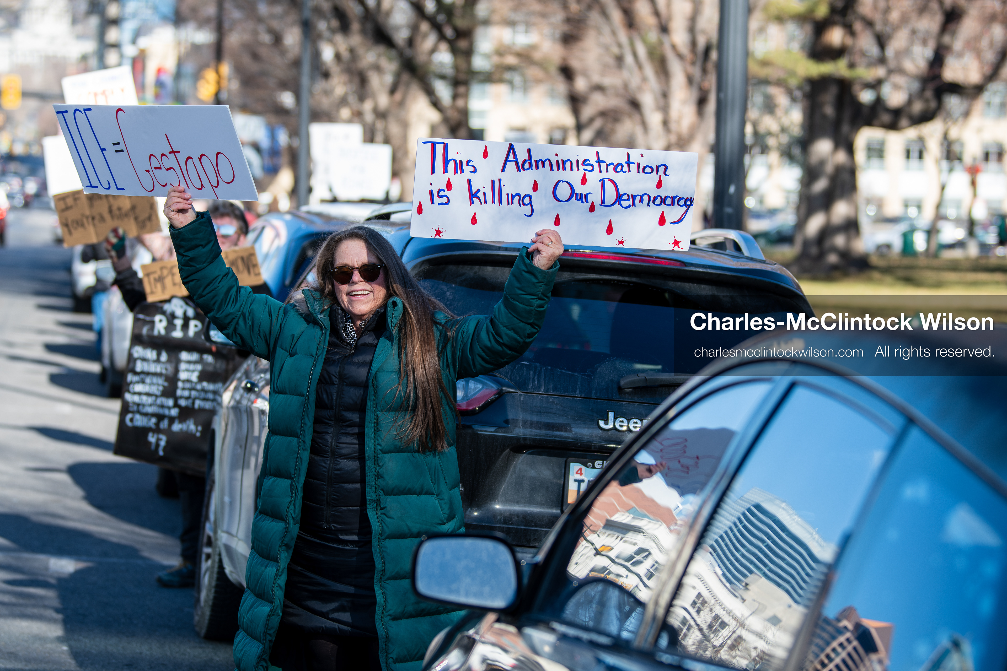 Salt Lake City, Utah, January 10, 2026: Protesters stand with signs at Washington Square Park during the ICE Out for Good protest, a demonstration calling for justice for Renee Nicole Good. (Credit Image: © Charles‑McClintock Wilson/ZUMA Press Wire)