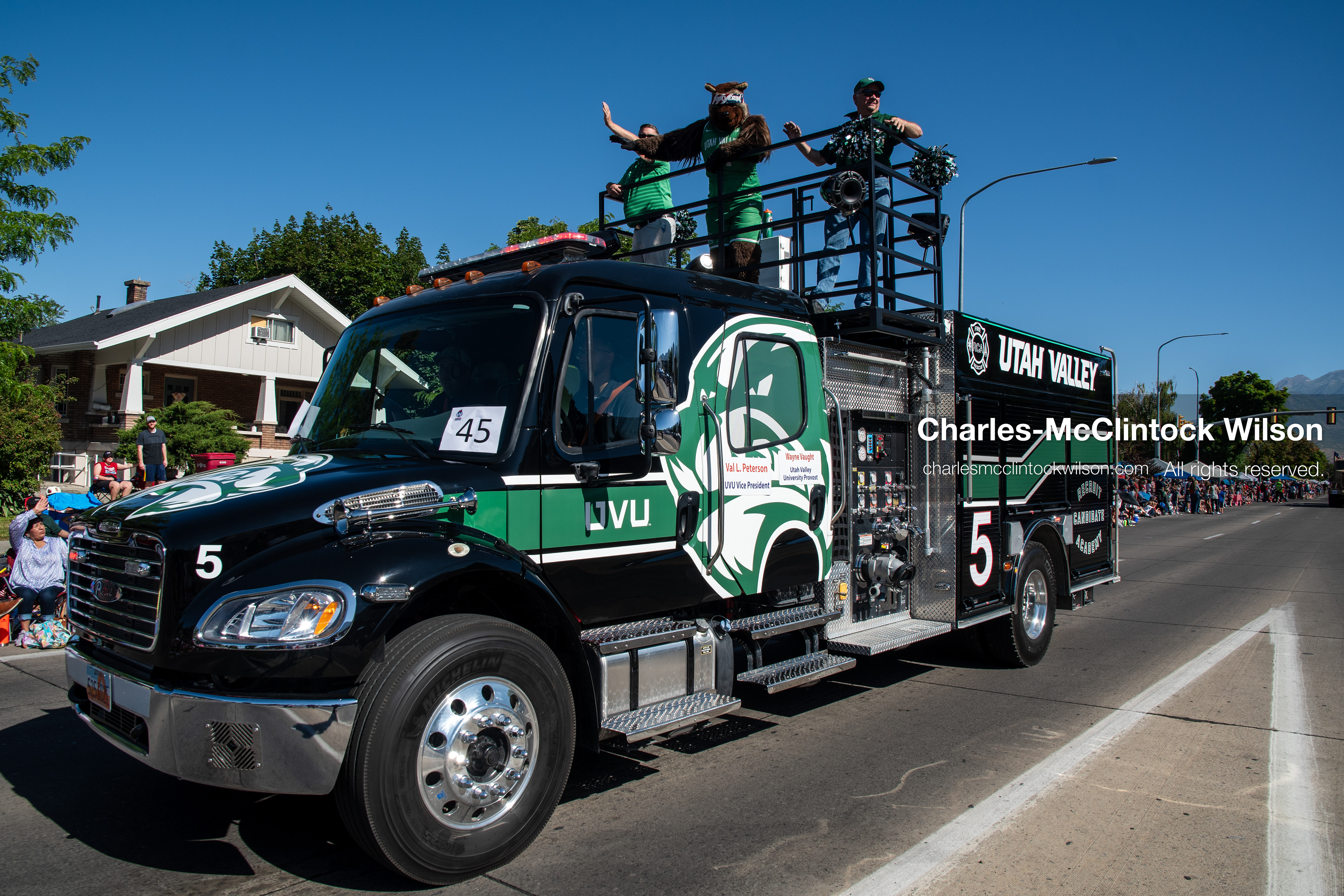 July 4, 2026, Provo, Utah, USA: A Utah Valley University (UVU) utility truck carrying university representatives and a green mascot waves to onlookers during America's Freedom Festival Grand Parade in Provo, Utah, Saturday, July 4, 2026. The annual Independence Day event features expanded programming to honor the 250th anniversary of United States independence. (Credit Image: © Charles-McClintock Wilson/ZUMA Press Wire)