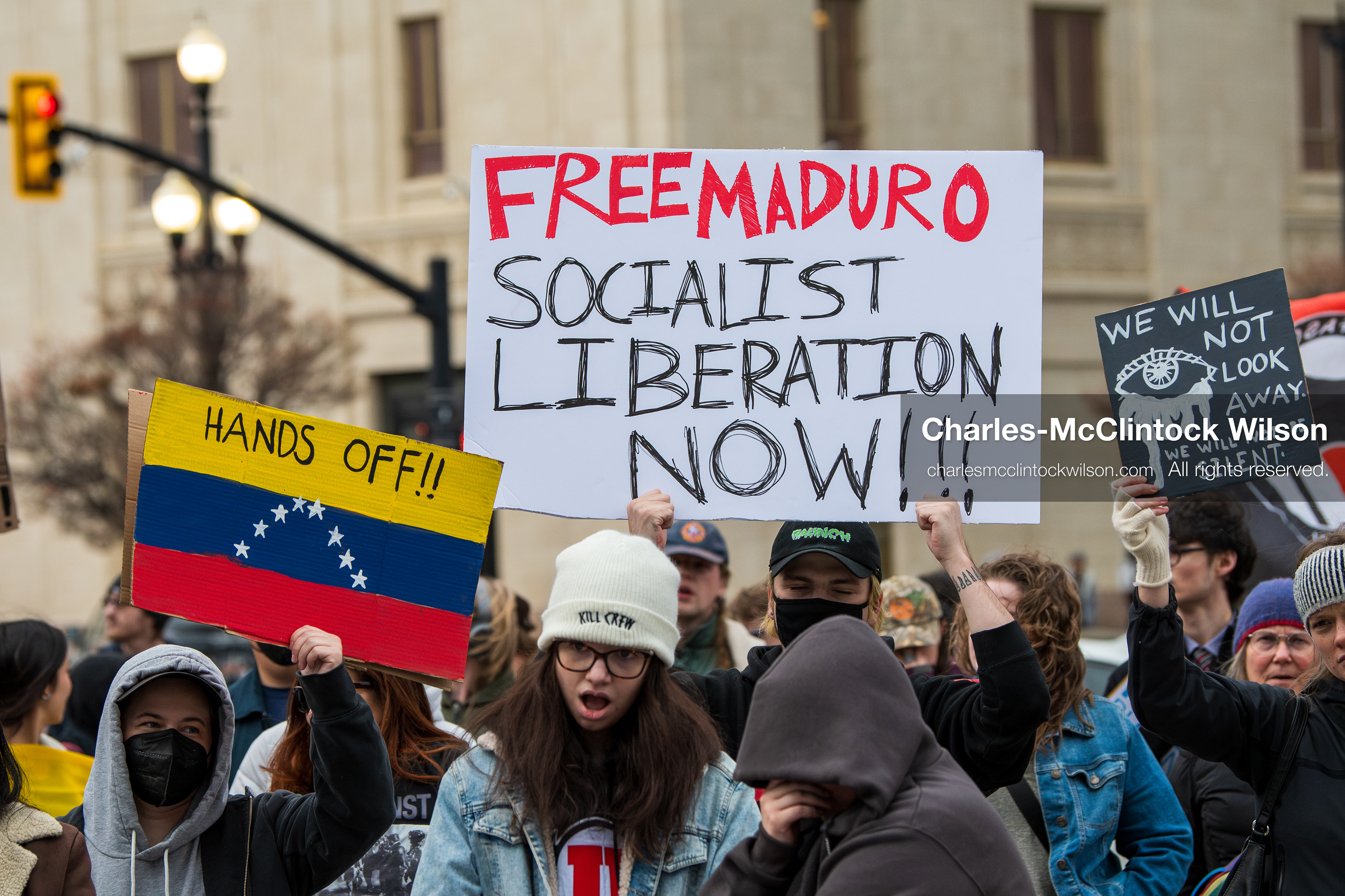January 3, 2026, Salt Lake City, Utah, USA: Protesters hold signs during an emergency demonstration against US action in Venezuela outside the Wallace Federal Building in Salt Lake City, Utah. The event was part of a nationwide mobilization responding to recent military developments. (Credit Image: (c) Charles‑McClintock Wilson/ZUMA Press Wire)