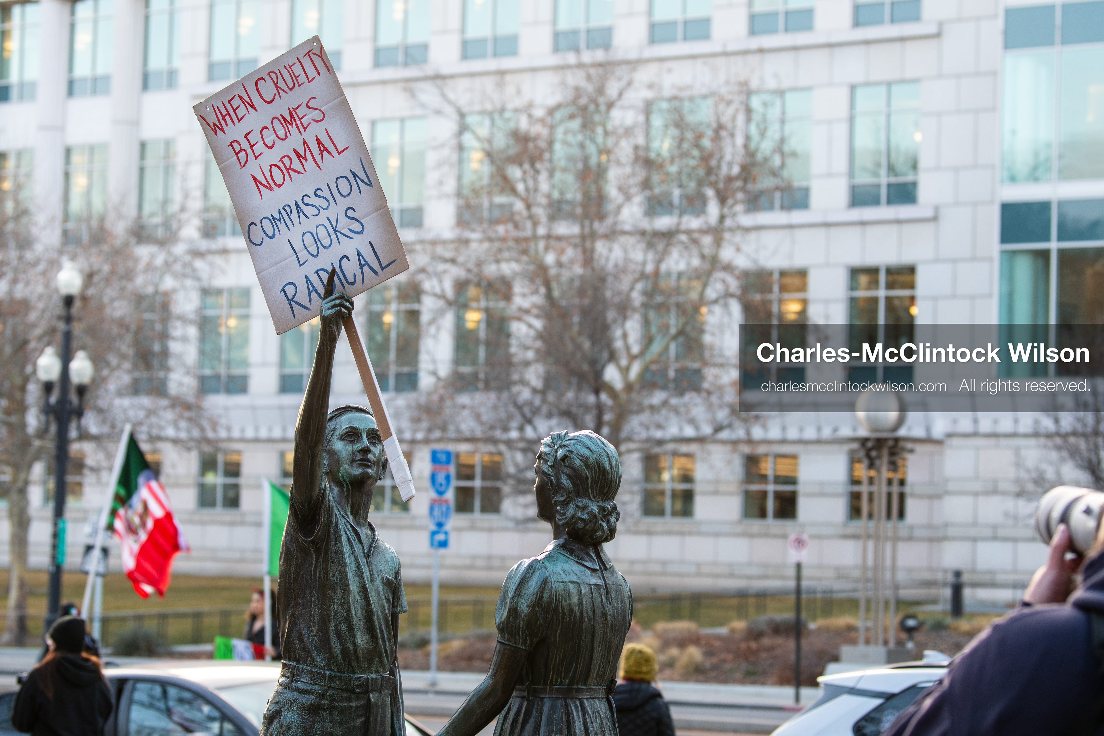 January 30, 2026, Salt Lake City, Utah, USA: A protest sign is displayed on a statue at Washington Square Park during an anti‑ICE protest in Salt Lake City, part of a nationwide response to immigration enforcement policies. (Credit Image: © Charles‑McClintock Wilson/ZUMA Press Wire)