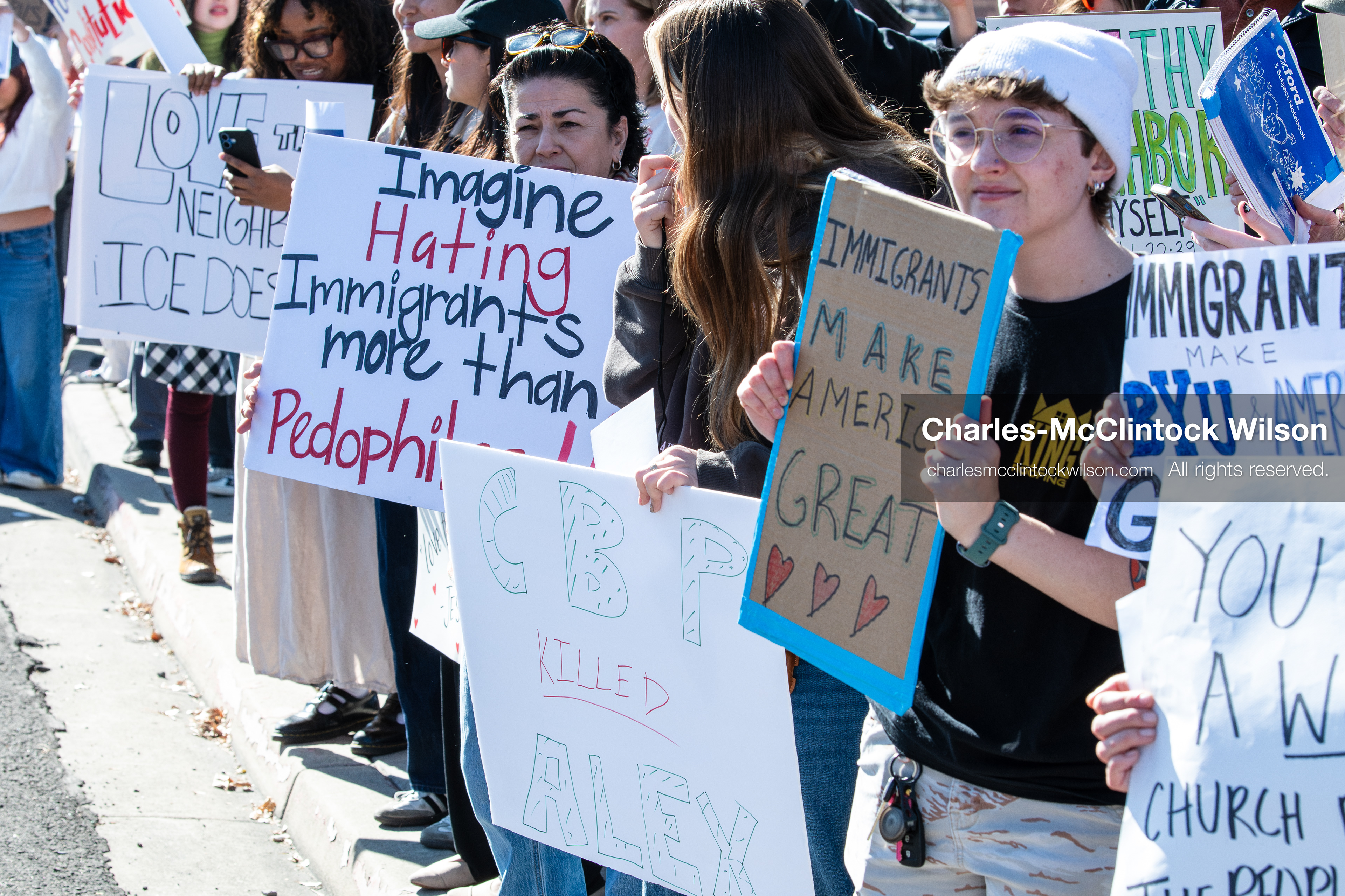 February 5, 2026, Provo, Utah, USA: Students and community members gather near Brigham Young University in Provo to demonstrate against the presence of US Customs and Border Protection recruiters at a career fair held on the BYU campus. (Credit Image: © Charles McClintock Wilson/ZUMA Press Wire)