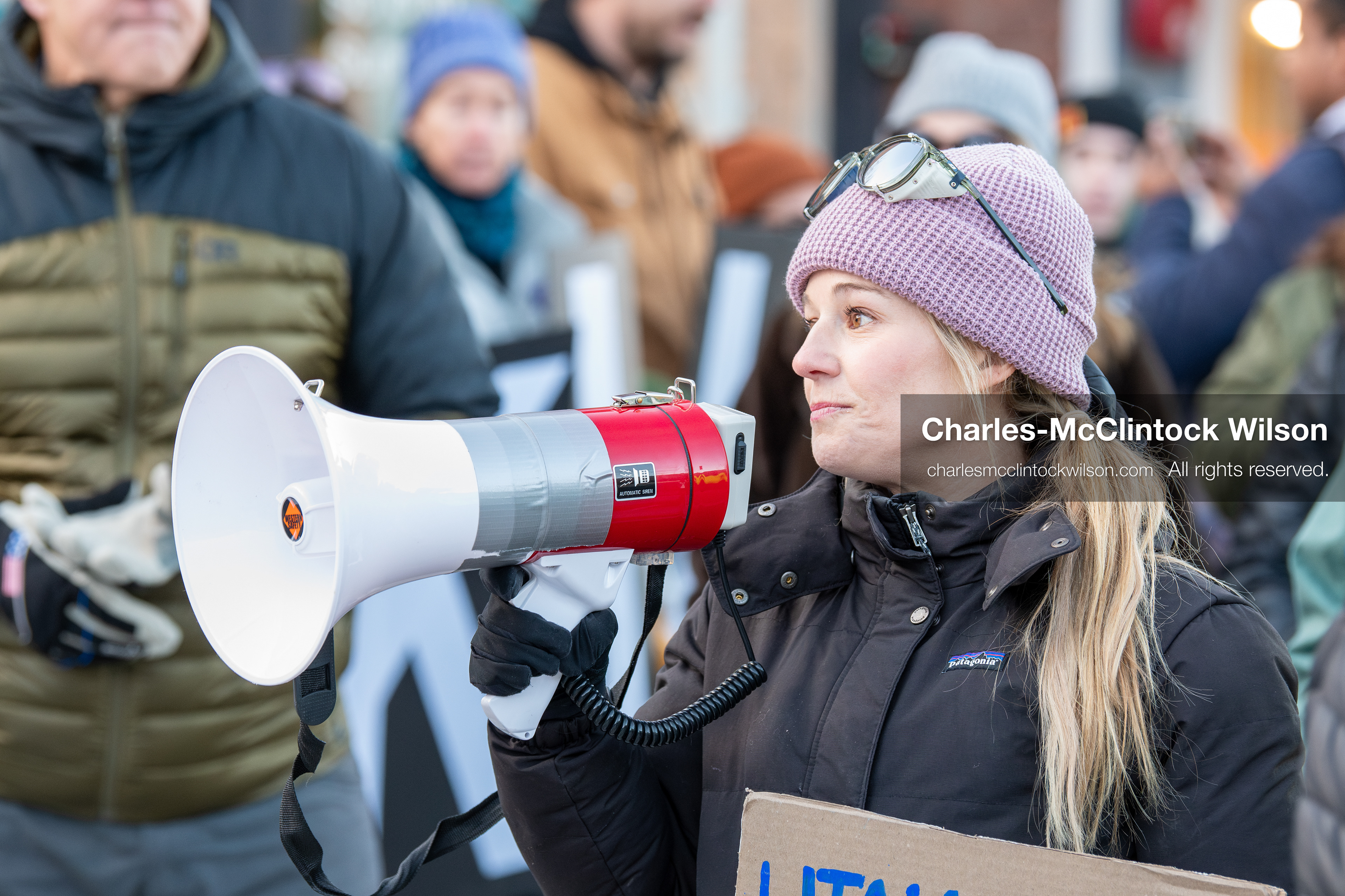  January 26, 2026, Park City, Utah, USA: CAROLINE GLEICH, a professional ski mountaineer, endurance athlete, and activist who was the Democratic nominee for the 2024 U.S. Senate election in Utah, speaks through a megaphone during a protest opposing U.S. Immigration and Customs Enforcement (I.C.E.) ICE agents at the Sundance Film Festival in Park City, Utah, on Monday, Jan. 26, 2026. The event was held in response to the fatal shooting of Alex Pretti by a U.S. Border Patrol officer in Minneapolis. (Credit Image: © Charles McClintock Wilson/ZUMA Press Wire