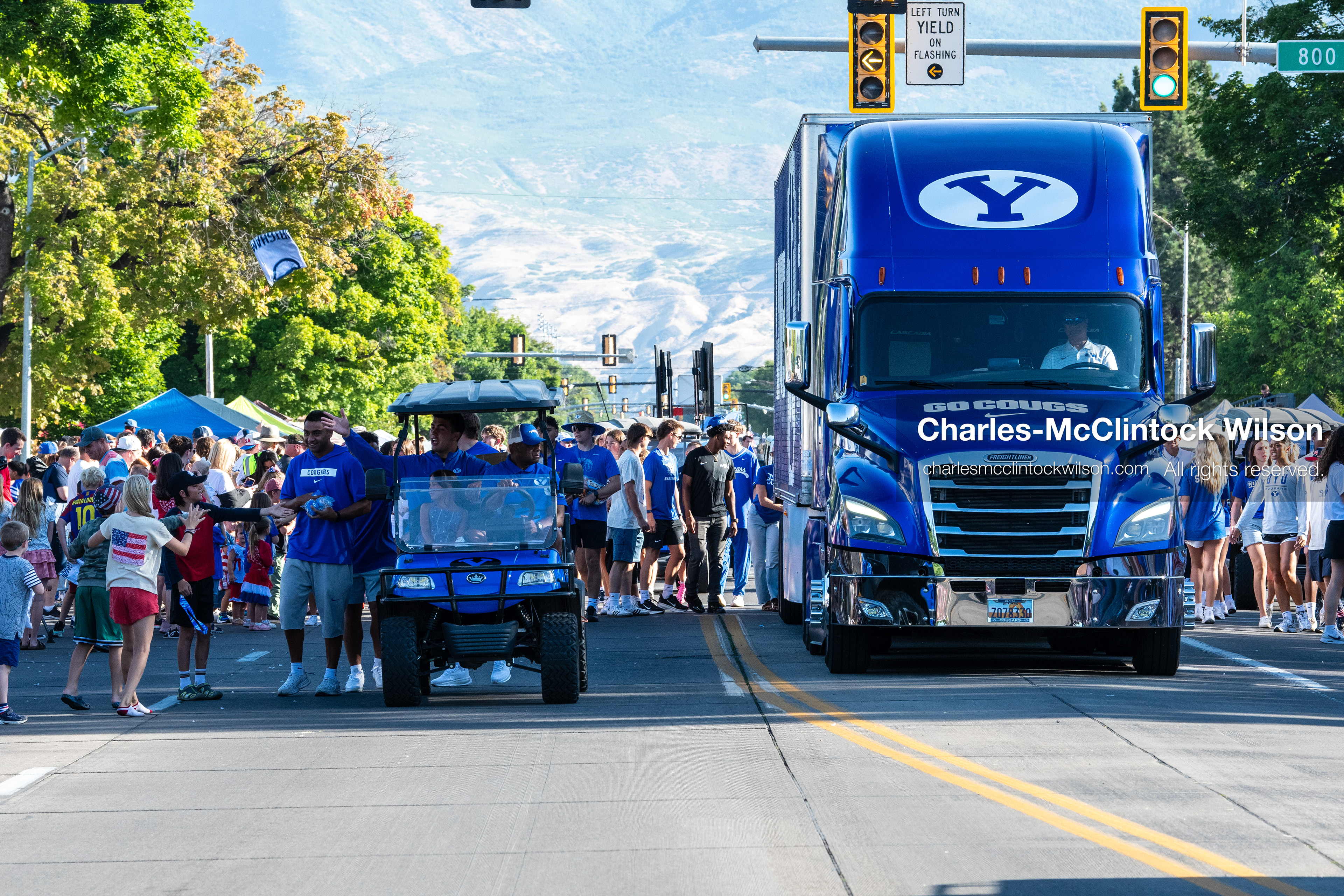 July 4, 2026, Provo, Utah, USA: A blue Brigham Young University (BYU) semi-truck drives along the route during America's Freedom Festival Grand Parade in Provo, Utah, Saturday, July 4, 2026. The annual Independence Day event features expanded programming to honor the 250th anniversary of United States independence. (Credit Image: © Charles-McClintock Wilson/ZUMA Press Wire)