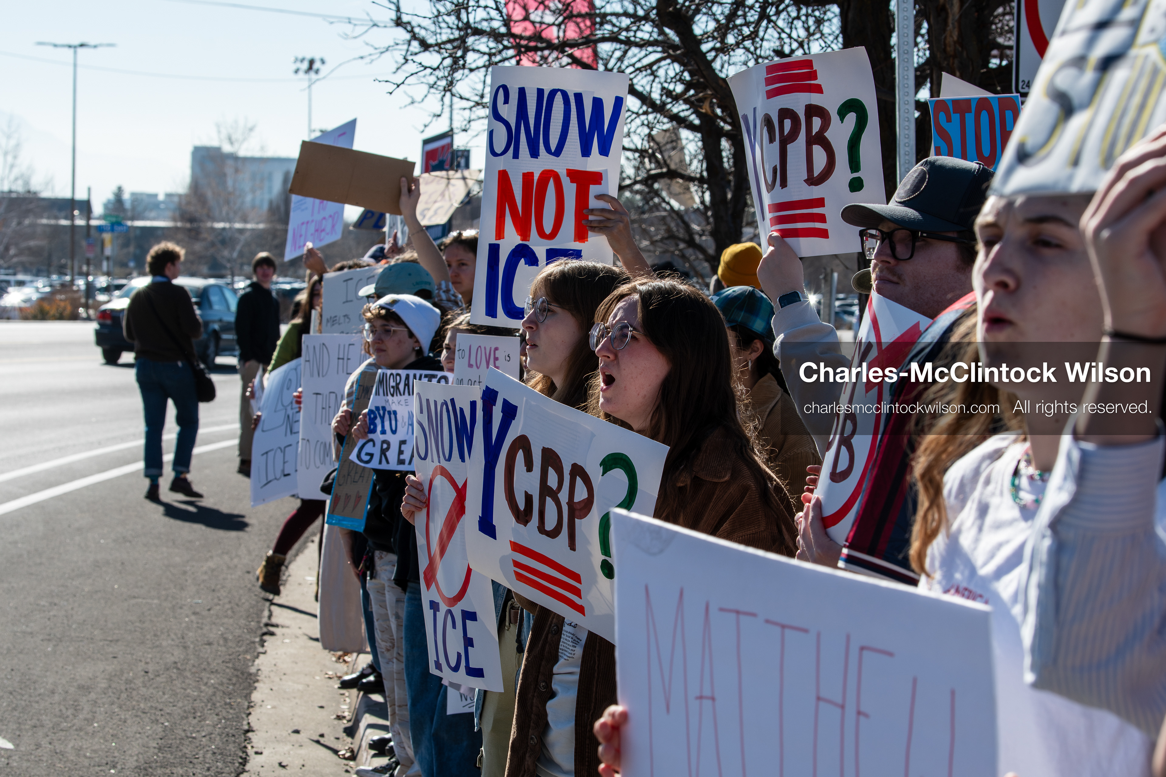 February 5, 2026, Provo, Utah, USA: Students and community members gather near Brigham Young University in Provo to demonstrate against the presence of US Customs and Border Protection recruiters at a career fair held on the BYU campus. (Credit Image: © Charles McClintock Wilson/ZUMA Press Wire)