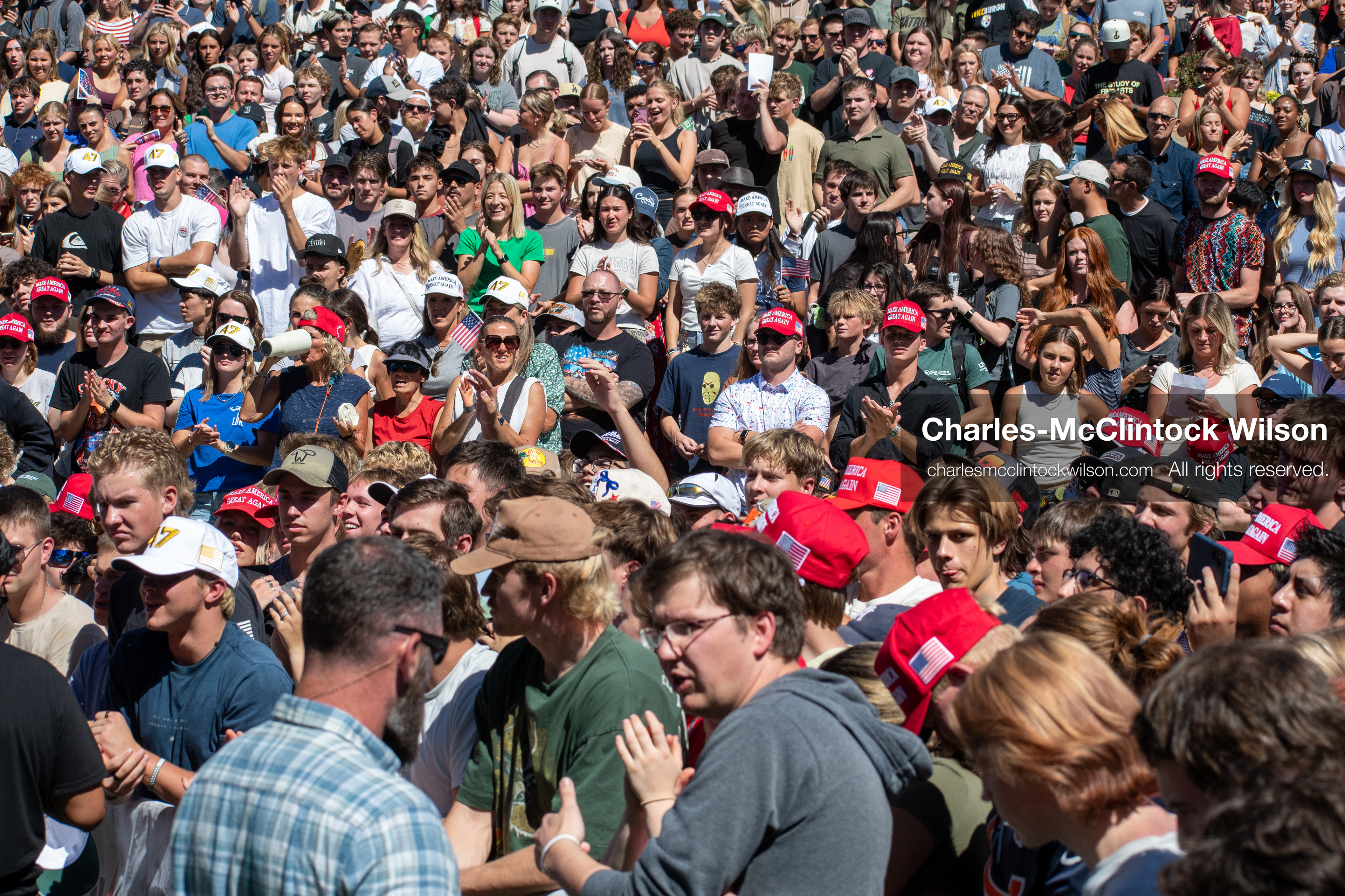OREM, UTAH – SEPTEMBER 10, 2025: Attendees gather in close formation at Utah Valley University for the opening stop of the American Comeback Tour. The image captures a moment of shared anticipation and civic presence, reflecting the energy, emotion, and communal engagement that defined the event’s intended spirit. © Charles-McClintock Wilson / ZUMA Press 