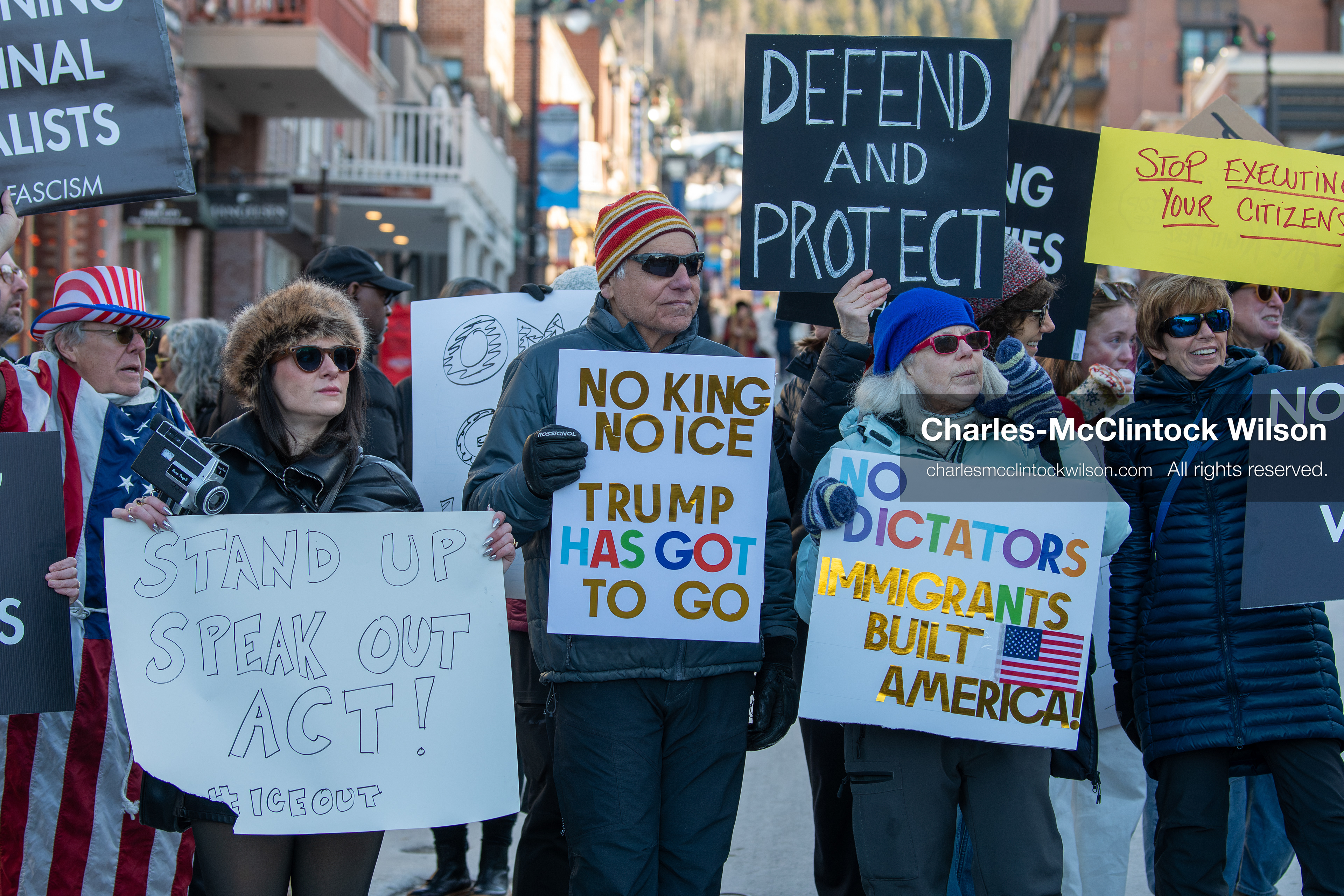 January 26, 2026, Park City, Utah, USA: Demonstrators gather on Main Street holding signs and American flags during a protest opposing U.S. Immigration and Customs Enforcement (I.C.E.) ICE agents at the Sundance Film Festival in Park City, Utah, on Monday, Jan. 26, 2026. The event was held in response to the fatal shooting of Alex Pretti by a U.S. Border Patrol officer in Minneapolis. (Credit Image: © Charles McClintock Wilson/ZUMA Press Wire)