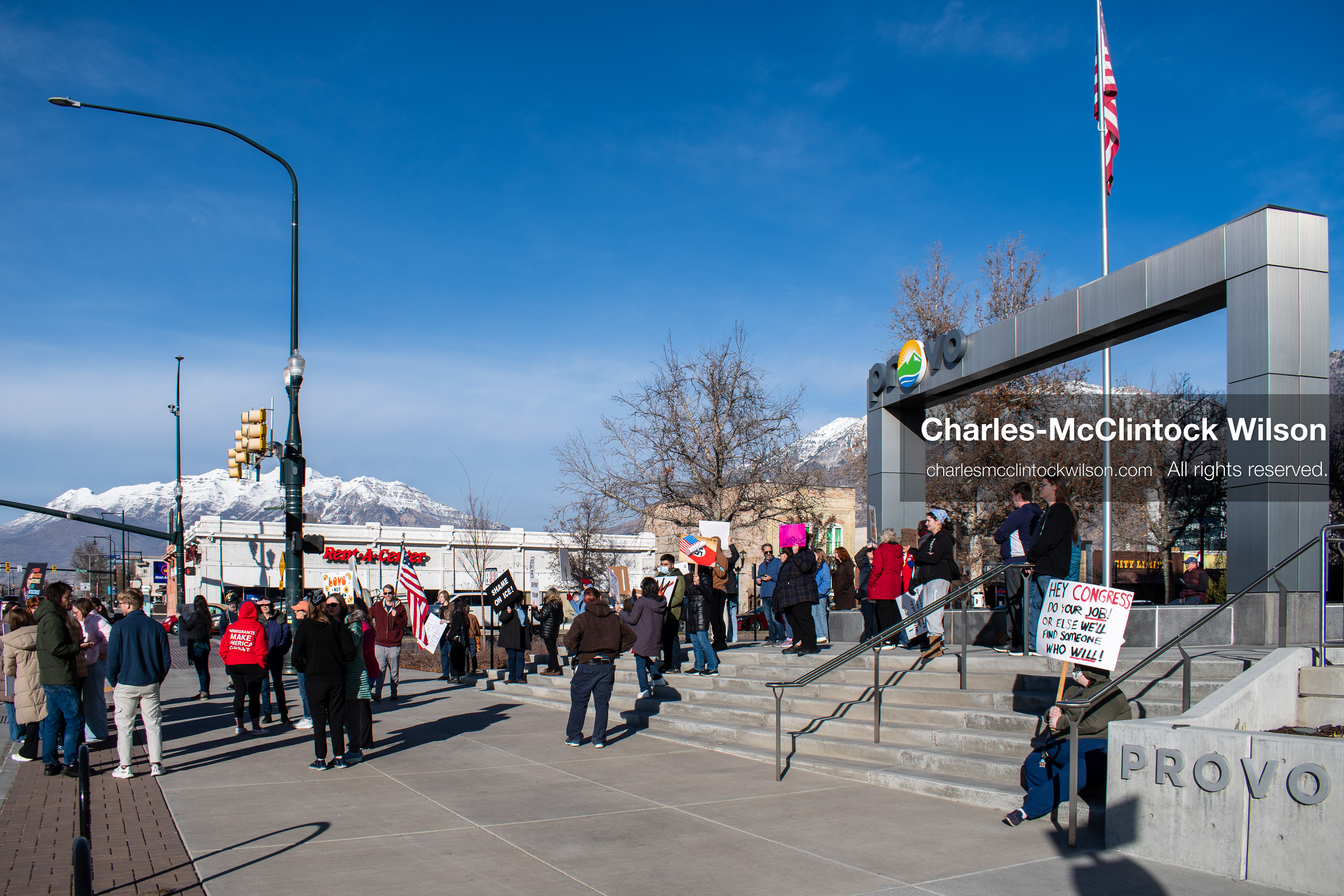 January 20, 2026, Provo, Utah, USA: Protesters gather outside Provo City Hall during the Free America Walkout protest in Provo, Utah, on January 20, 2026. Demonstrators held signs calling for justice, immigration reform, and an end to detention practices. (Credit Image: © Charles-McClintock Wilson/ZUMA Press Wire)