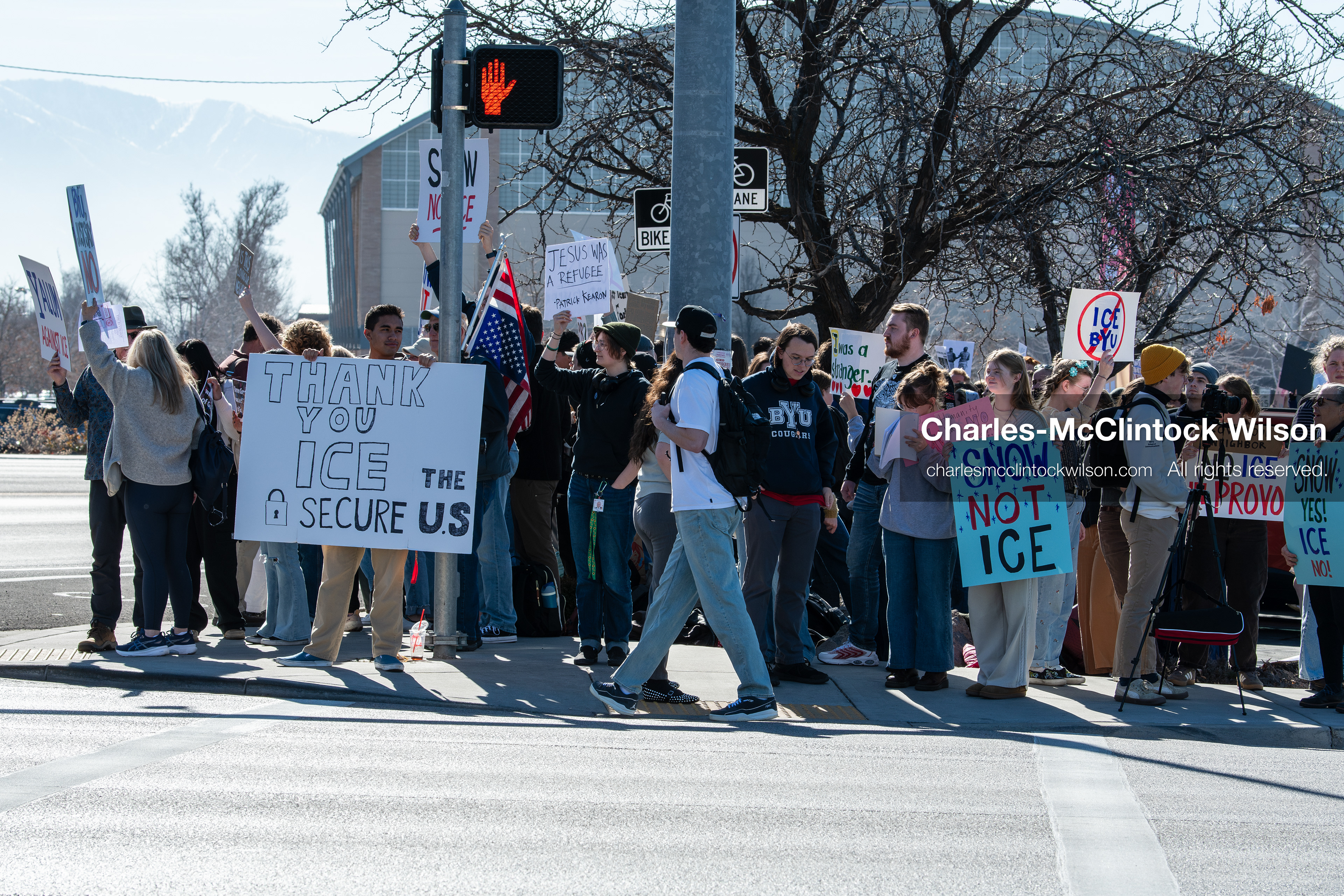 February 5, 2026, Provo, Utah, USA: Students and community members gather near Brigham Young University in Provo to demonstrate against the presence of US Customs and Border Protection recruiters at a career fair held on the BYU campus. (Credit Image: © Charles McClintock Wilson/ZUMA Press Wire)