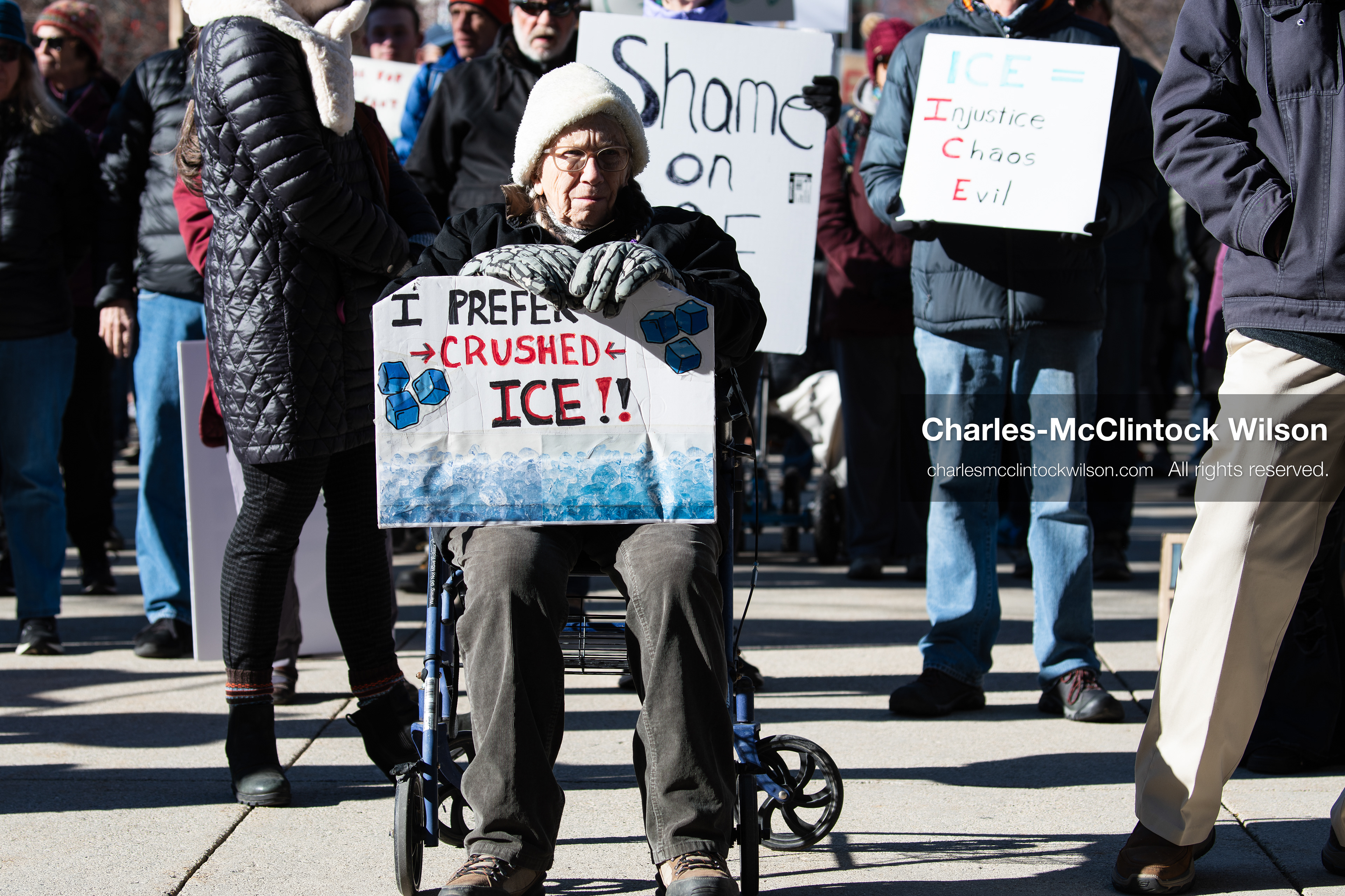 Salt Lake City, Utah, January 10, 2026: An elderly protester sits in a wheelchair holding a sign during the ICE Out for Good protest at Washington Square Park, a demonstration against ICE and calling for justice for Renee Nicole Good. (Credit Image: © Charles‑McClintock Wilson/ZUMA Press Wire)