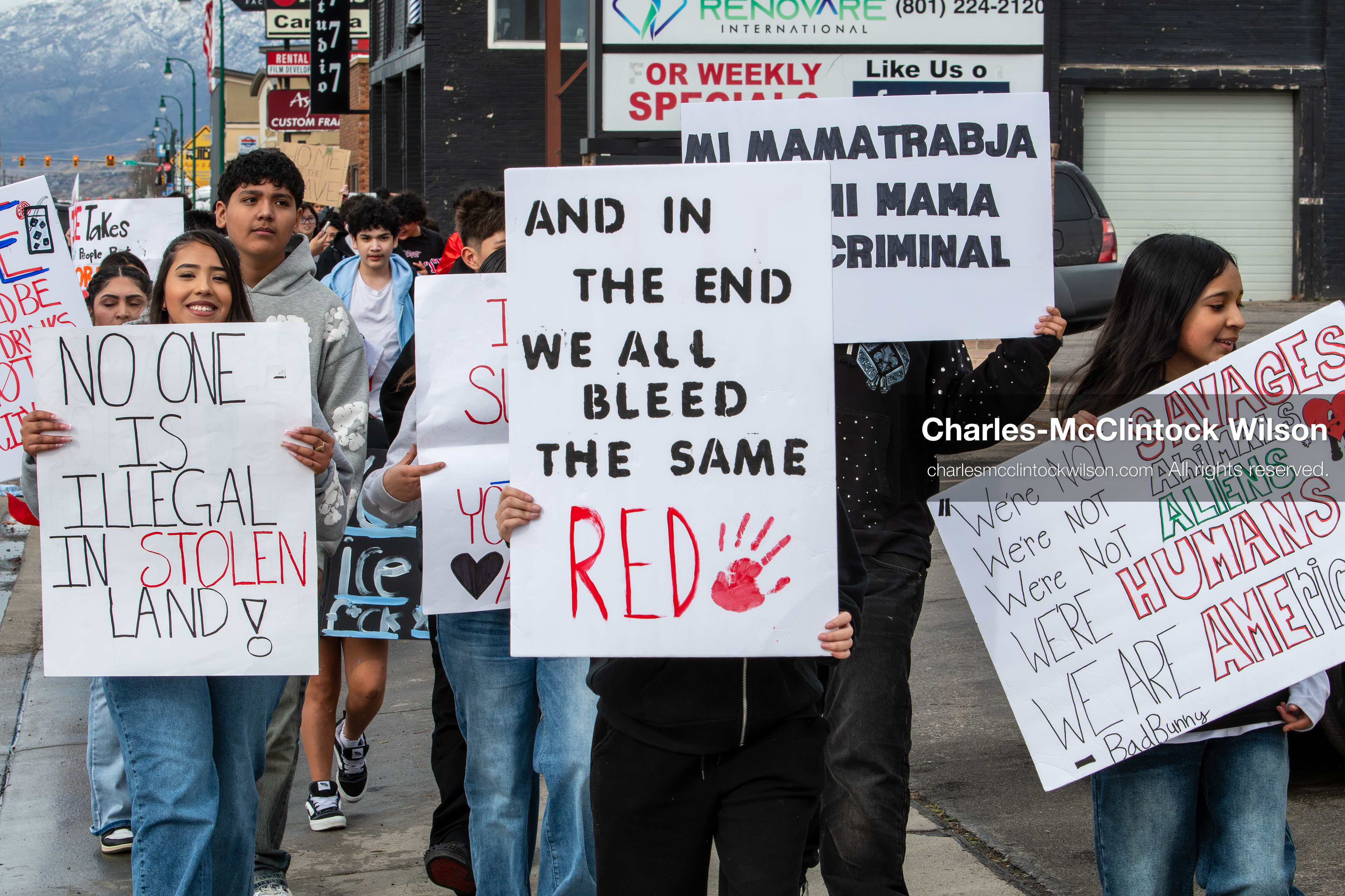 February 11, 2026, Orem, Utah, USA: Students march along State Street during a student‑led protest involving participants from multiple Orem schools. (Credit Image: © Charles‑McClintock Wilson/ZUMA Press Wire)