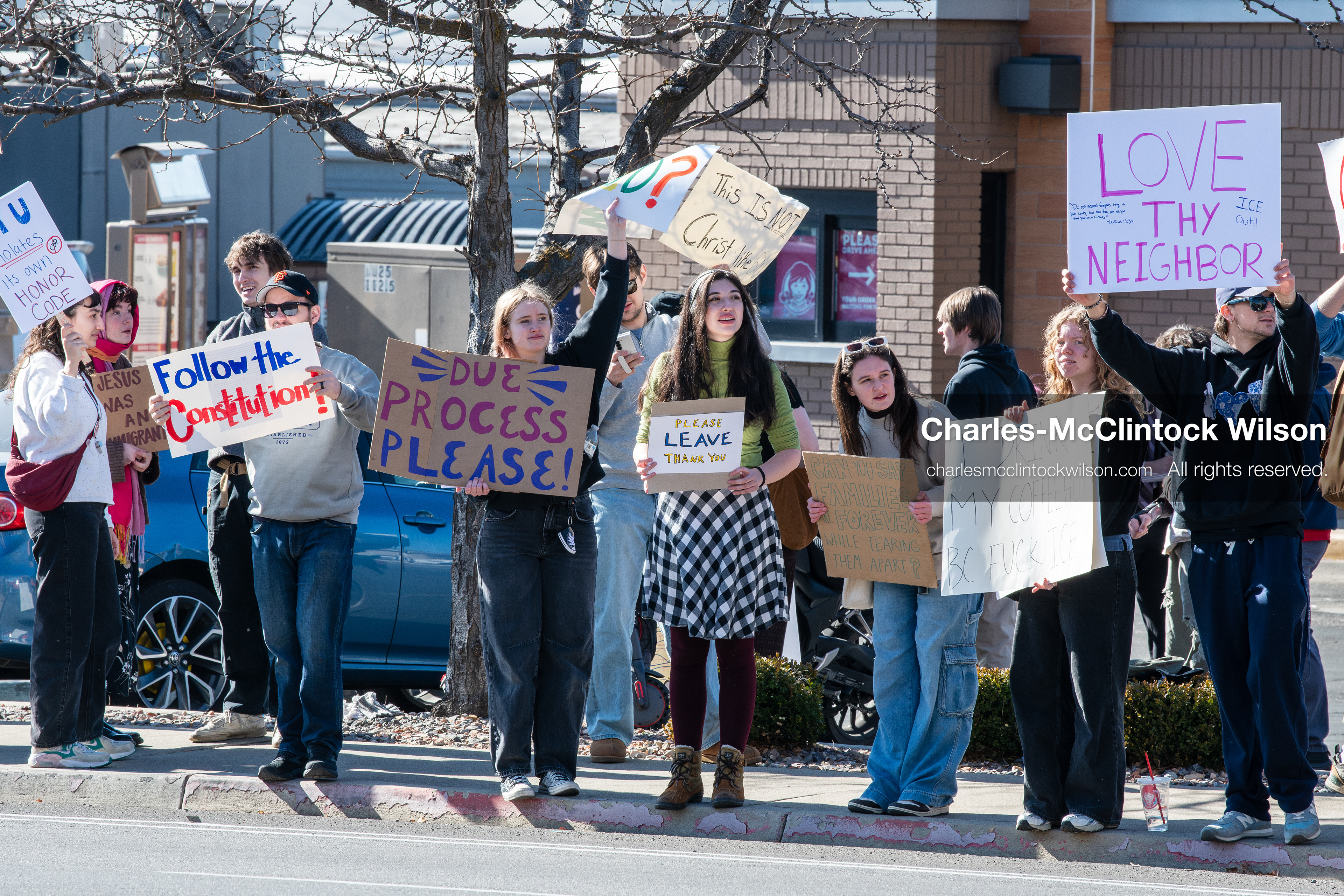 February 5, 2026, Provo, Utah, USA: Students and community members gather near Brigham Young University in Provo to demonstrate against the presence of US Customs and Border Protection recruiters at a career fair held on the BYU campus. (Credit Image: © Charles McClintock Wilson/ZUMA Press Wire)