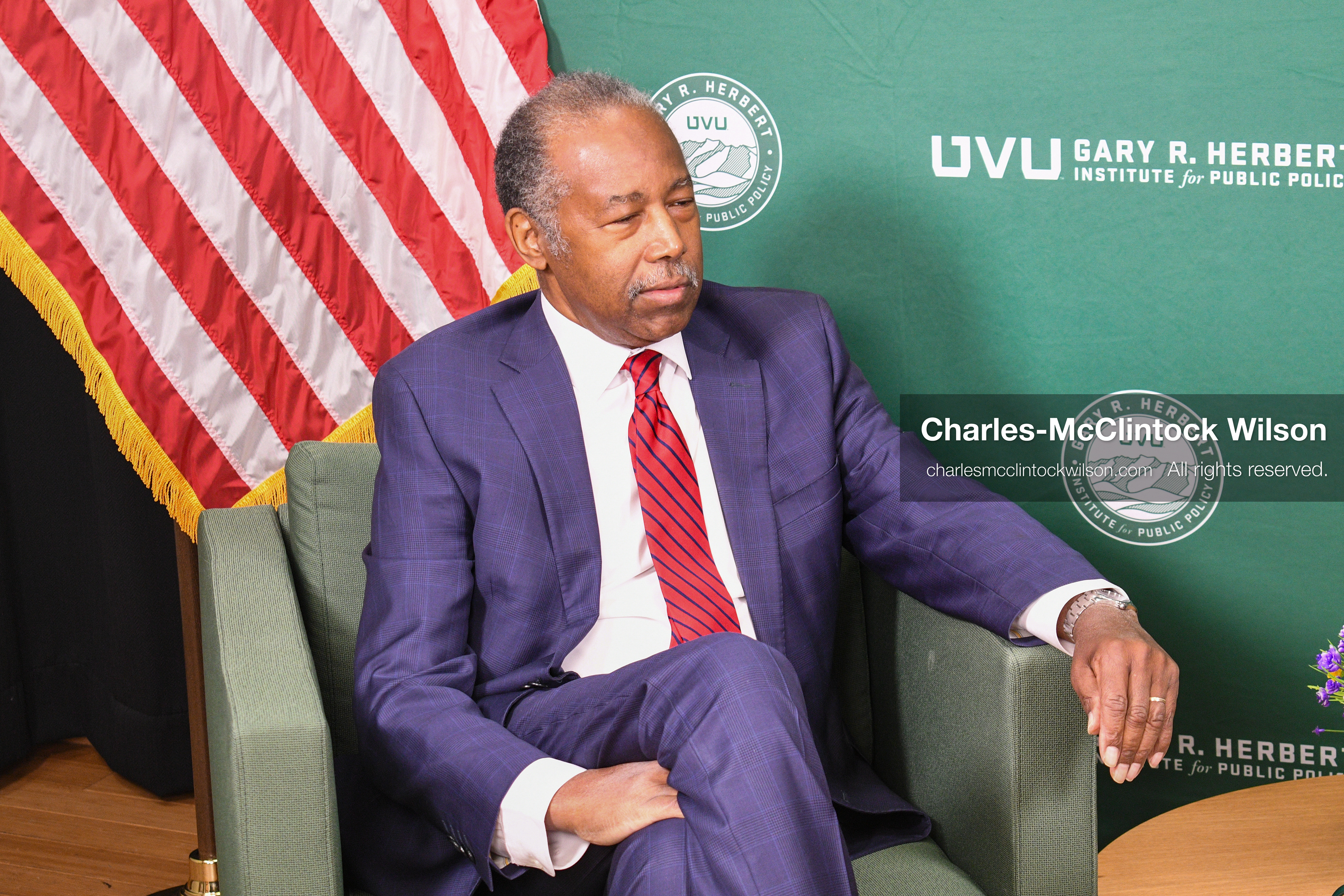 November 5, 2025, Orem, Utah, USA: Dr. Ben Carson, former U.S. Secretary of Housing and Urban Development and 2016 Republican presidential candidate, speaks with members of the press ahead of a public event hosted by the Gary R. Herbert Institute at Utah Valley University in Orem, Utah, on Nov. 5, 2025. (Credit Image: © Charles-McClintock Wilson/ZUMA Press Wire)
