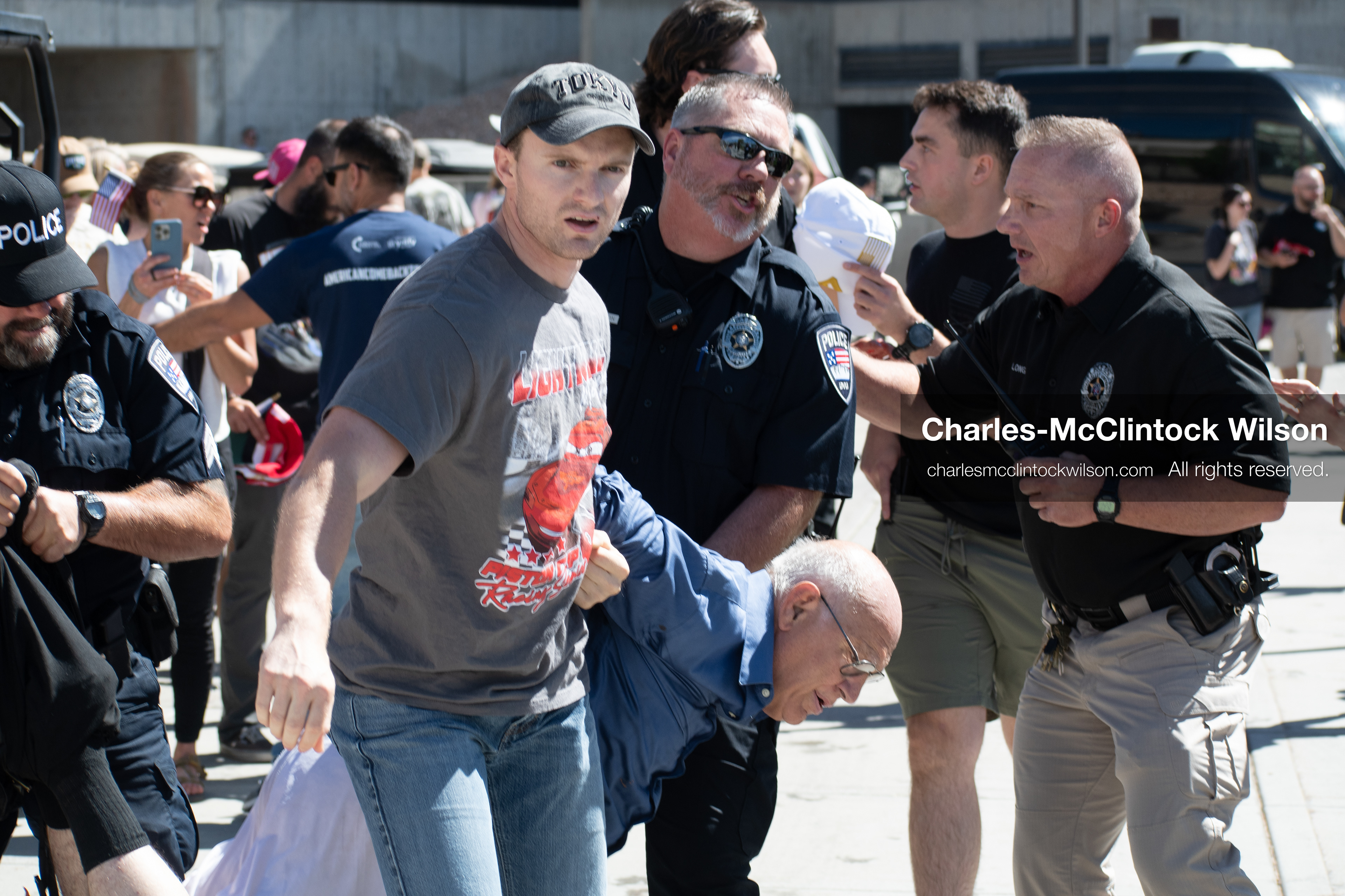 September 10, 2025, Orem, Utah, USA: George Zinn is taken into custody by campus security following the fatal shooting of Charlie Kirk during a public event at Utah Valley University. At the time of the arrest, Zinn was identified as the alleged shooter. He was later released and subsequently arrested on unrelated charges. Law enforcement confirmed that the actual suspect remained at large during this initial response. (Credit Image: © Charles-McClintock Wilson/ZUMA Press Wire)