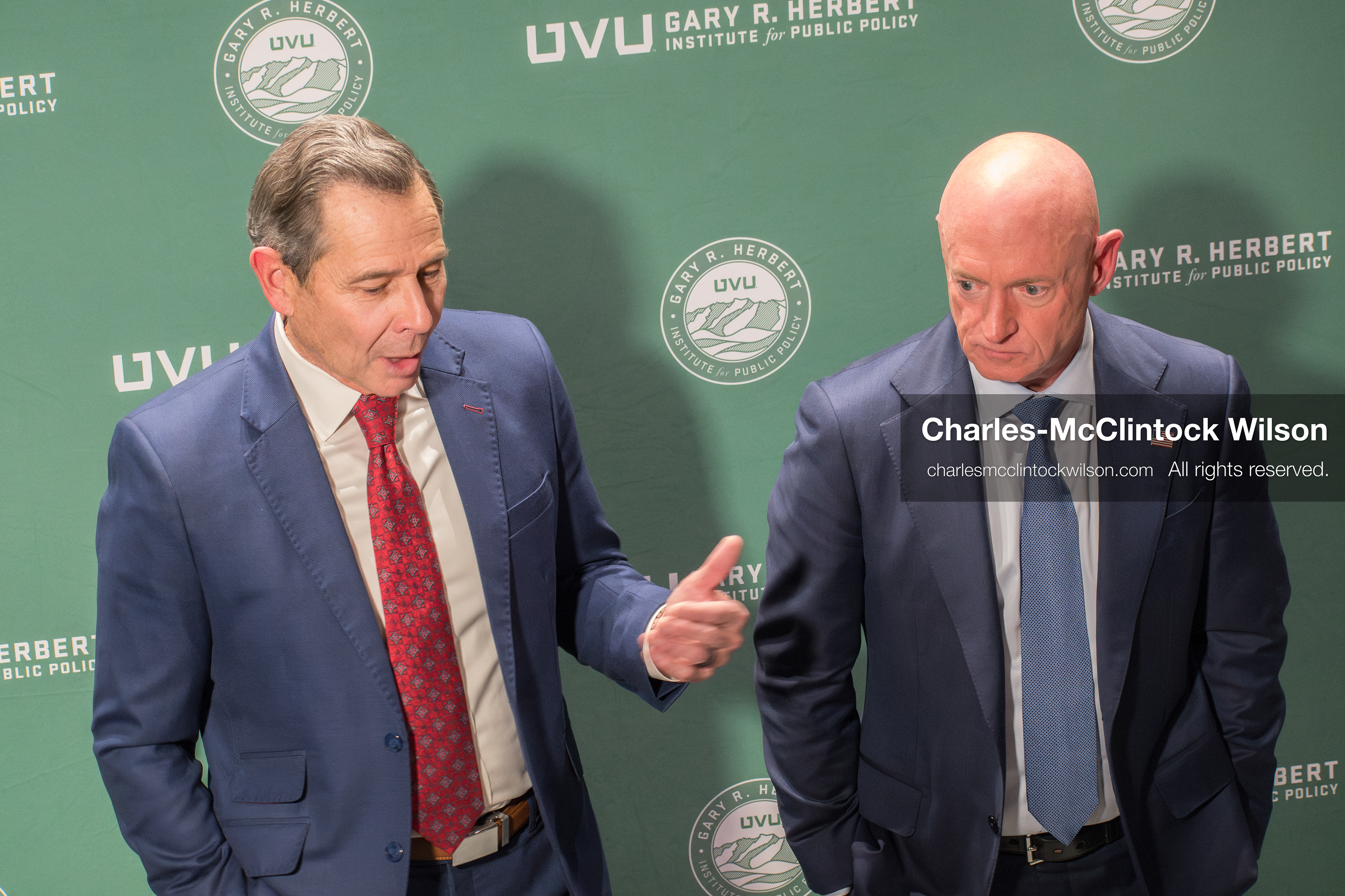 November 12, 2025, Orem, Utah, USA: Senators John Curtis (R–UT) and Mark Kelly (D–AZ) address members of the press following the Senators Modeling Civility forum hosted by the Gary R. Herbert Institute for Public Policy at Utah Valley University. The event, held at the Noorda Center for the Performing Arts, featured a bipartisan dialogue moderated by CNN anchor Dana Bash. The discussion emphasized respectful civic engagement and institutional restraint following the assassination of conservative activist Charlie Kirk. (Credit Image: © Charles-McClintock Wilson/ZUMA Press Wire)