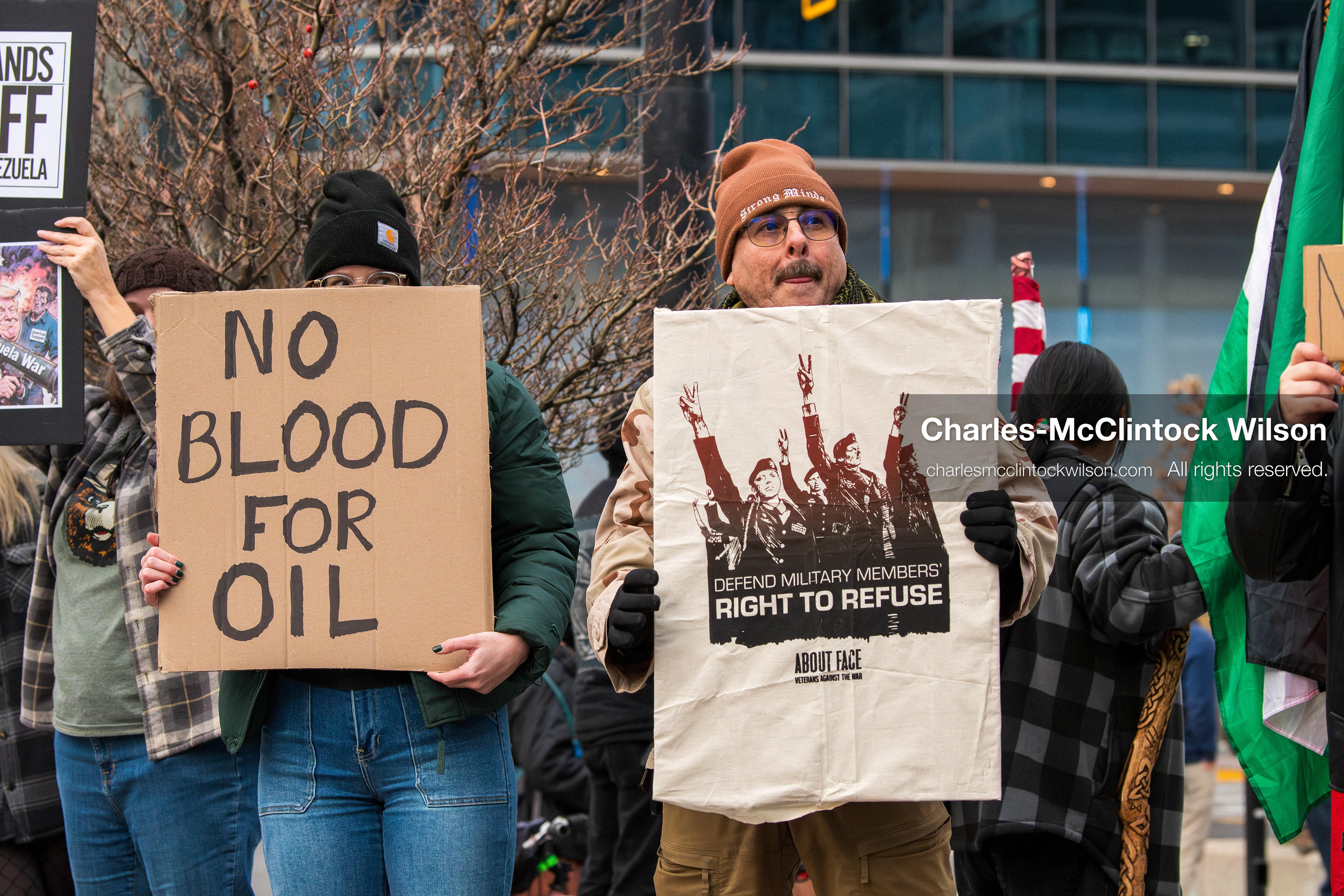 January 3, 2026, Salt Lake City, Utah, USA: Protesters hold signs during an emergency demonstration against US action in Venezuela outside the Wallace Federal Building in Salt Lake City, Utah. The event was part of a nationwide mobilization responding to recent military developments. (Credit Image: (c) Charles‑McClintock Wilson/ZUMA Press Wire)