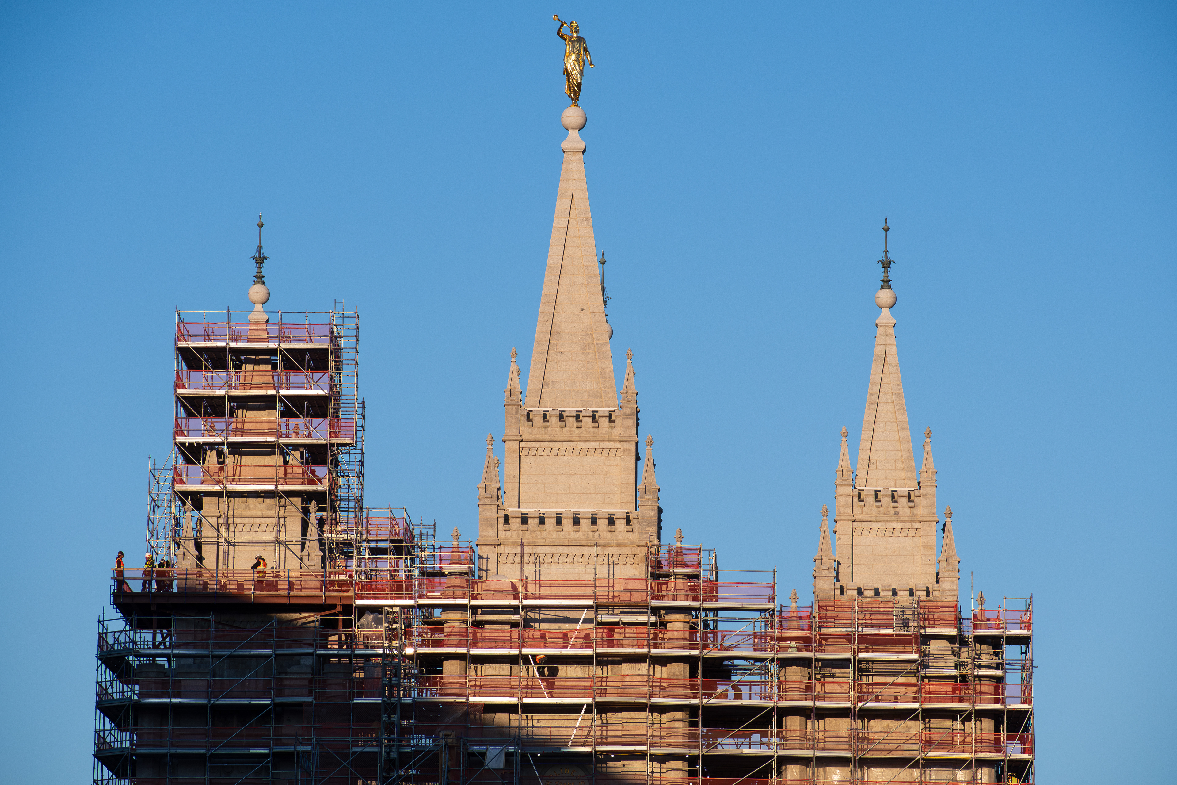 October 6, 2025, Salt Lake City, Utah, USA: The Salt Lake Temple is seen under renovation near the Conference Center during the public viewing for Russell M. Nelson, the 17th president of the Church of Jesus Christ of Latter-day Saints. Scaffolding surrounds the spires as restoration work continues. Nelson died at his home in Salt Lake City, Utah, on September 27, 2025, at the age of 101. (Credit Image: © Charles-McClintock Wilson/ZUMA Press Wire)