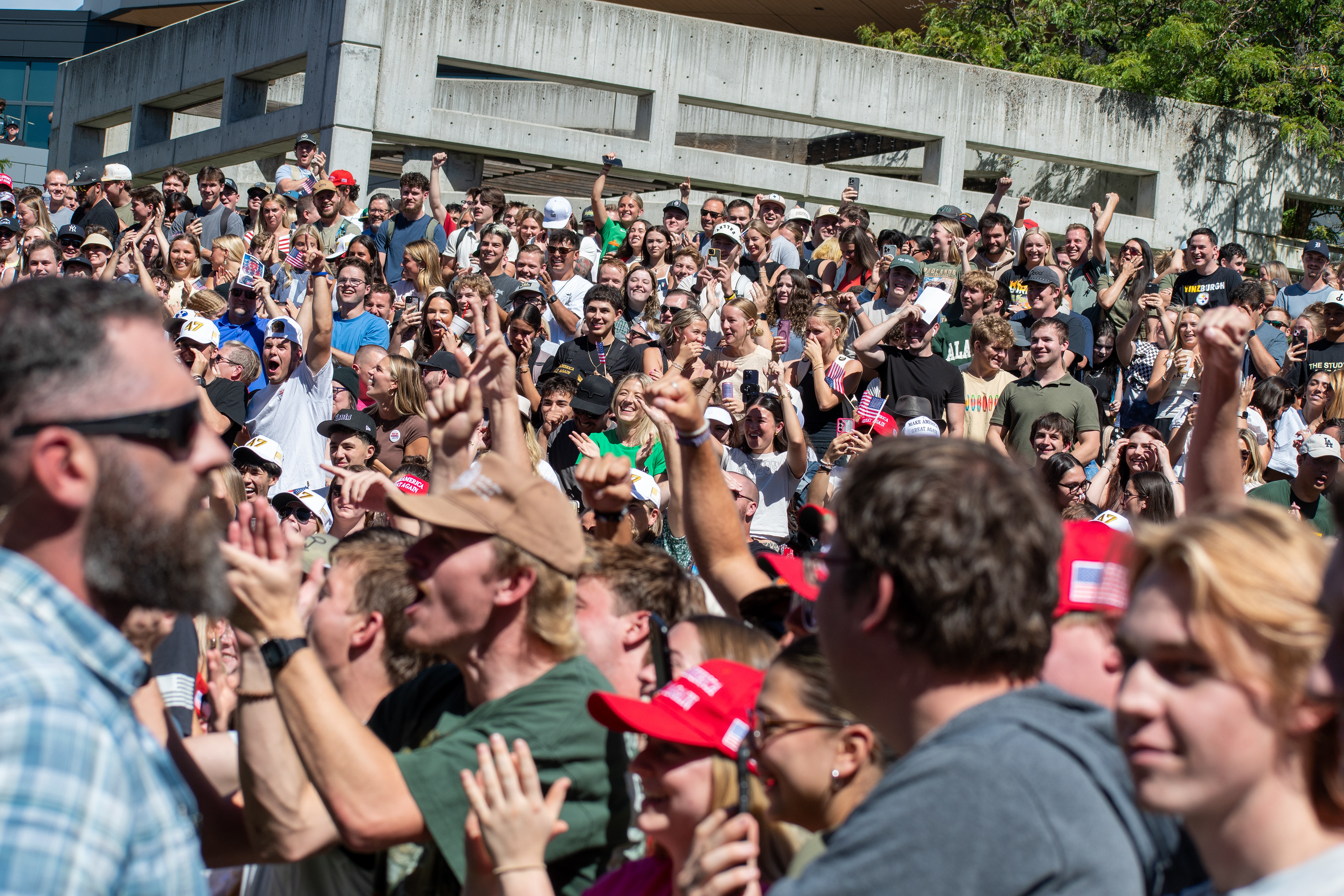 OREM, UTAH – SEPTEMBER 10, 2025: Attendees gather in close formation at Utah Valley University for the opening stop of the American Comeback Tour. The image captures a moment of shared anticipation and civic presence, reflecting the energy, emotion, and communal engagement that defined the event’s intended spirit. © Charles-McClintock Wilson / ZUMA Press 