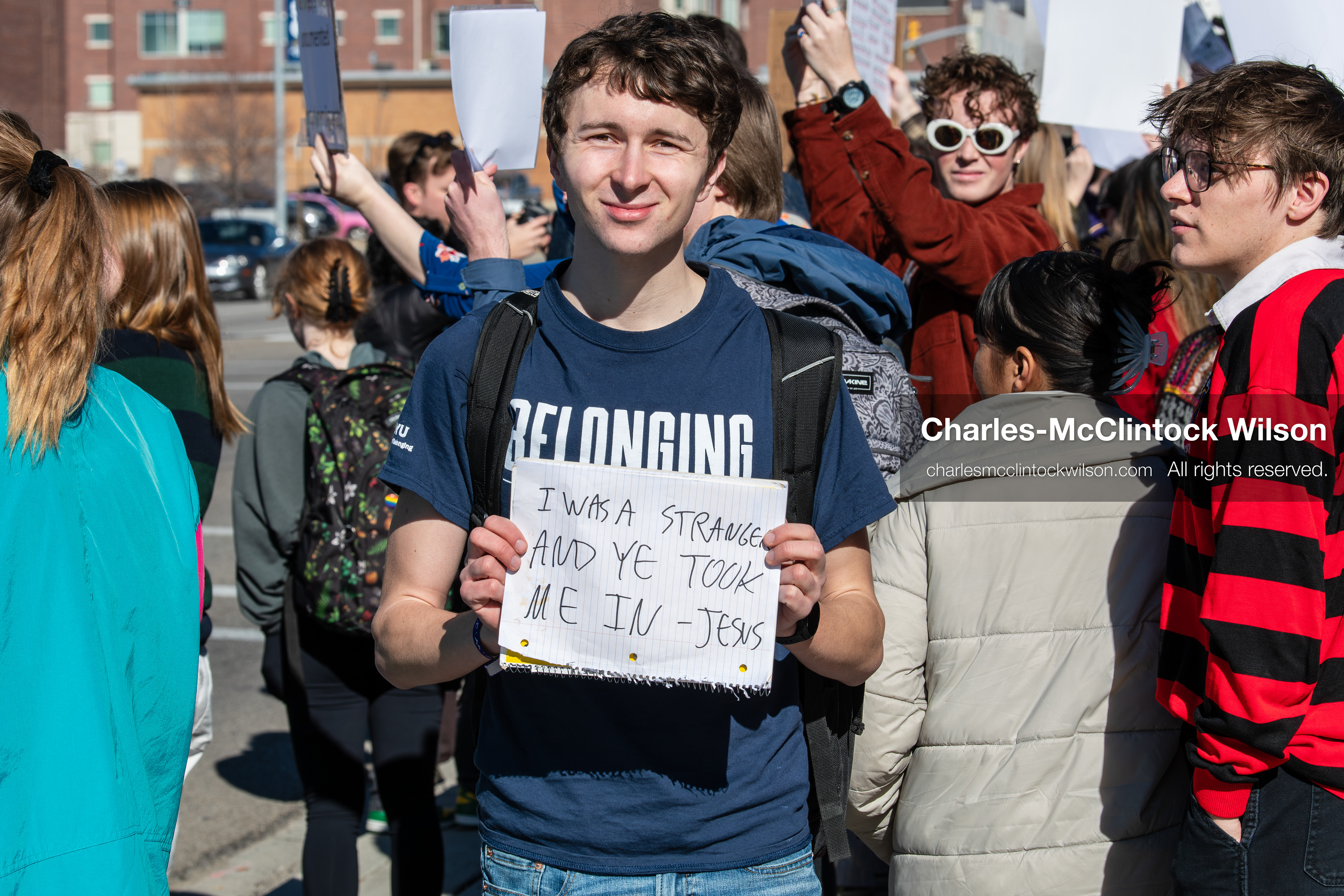 February 5, 2026, Provo, Utah, USA: A demonstrator holds a sign during a gathering near Brigham Young University in Provo where students and community members protested the presence of US Customs and Border Protection recruiters at a career fair held on the BYU campus. (Credit Image: © Charles McClintock Wilson/ZUMA Press Wire)