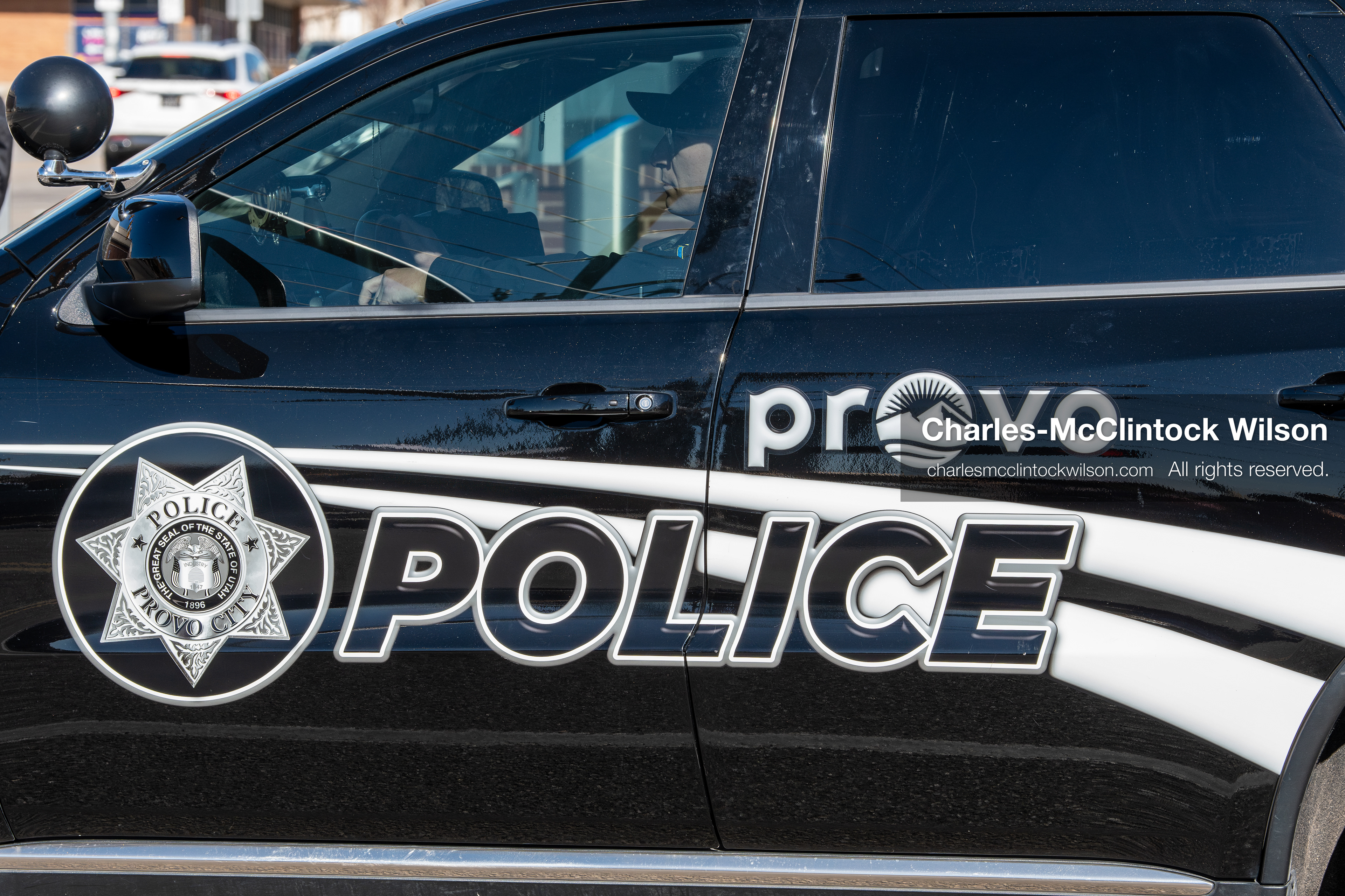 February 5, 2026, Provo, Utah, USA: A Provo Police vehicle is parked near Brigham Young University in Provo during a protest opposing the presence of US Customs and Border Protection recruiters at a career fair held at the university. (Credit Image: © Charles McClintock Wilson/ZUMA Press Wire)
