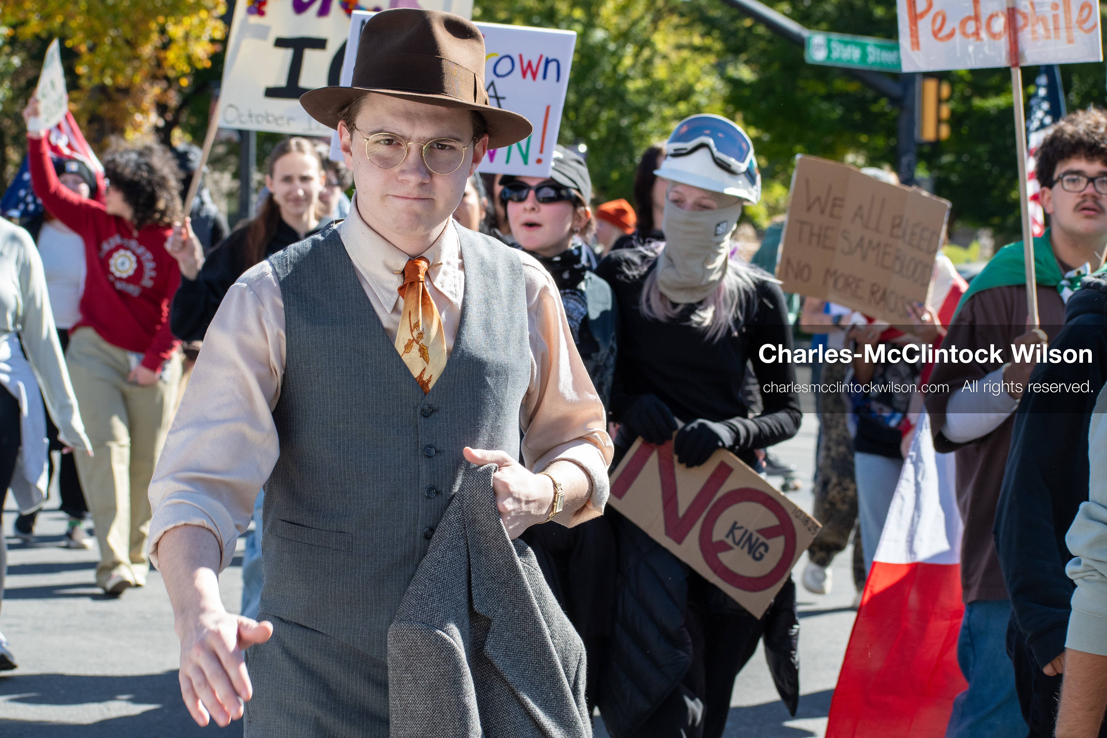 October 18, 2025, Salt Lake City, Utah, USA: A demonstrator gestures during a "No Kings" protest in Salt Lake City, Utah. Signs and flags were visible throughout the crowd as part of the nationwide mobilization.