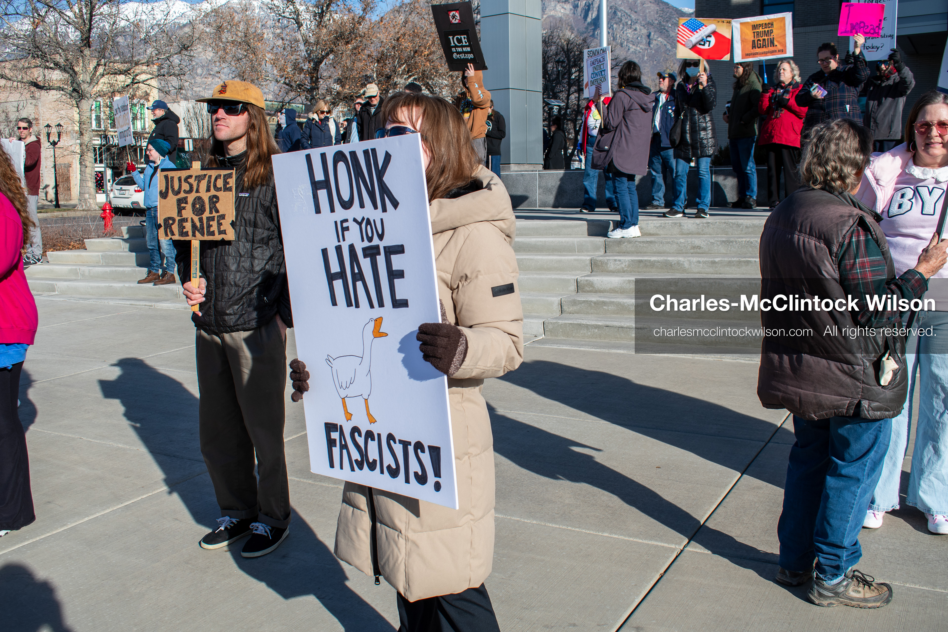 January 20, 2026, Provo, Utah, USA: Protesters gather outside Provo City Hall during the Free America Walkout protest in Provo, Utah, on January 20, 2026. Demonstrators held signs calling for justice, immigration reform, and an end to detention practices. (Credit Image: © Charles-McClintock Wilson/ZUMA Press Wire)