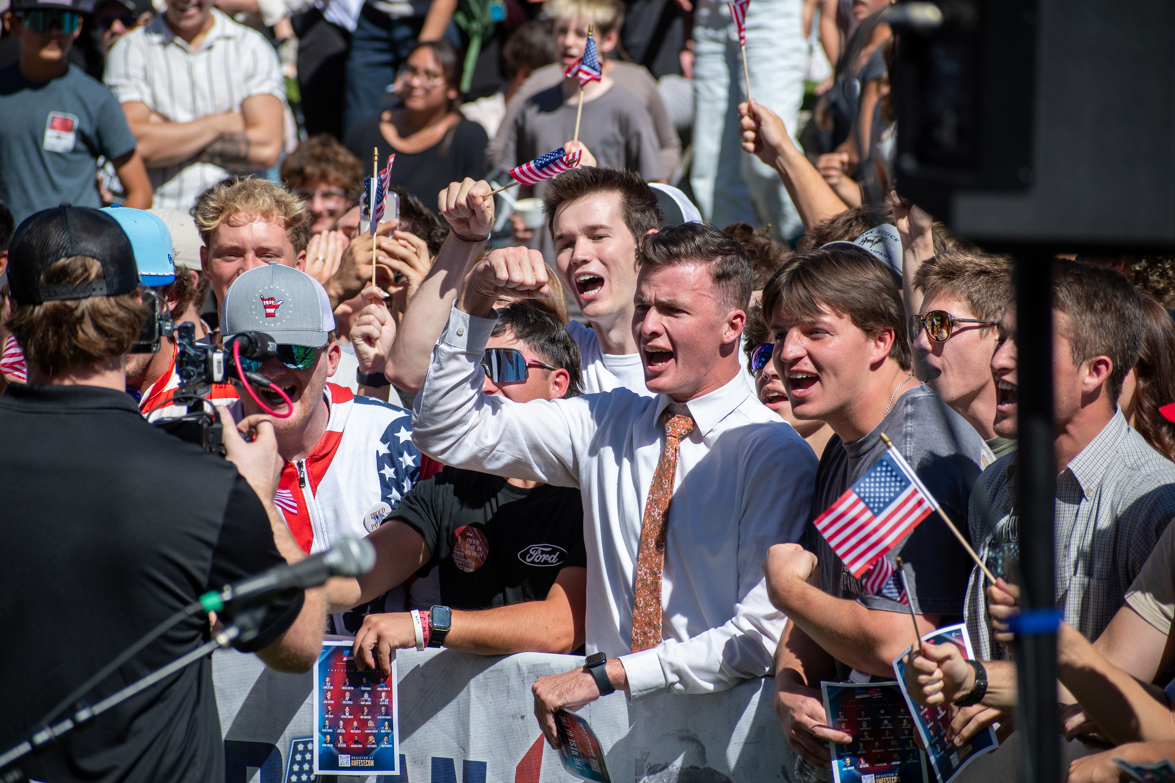 OREM, UTAH – SEPTEMBER 10, 2025: Attendees gather in close formation at Utah Valley University for the opening stop of the American Comeback Tour. The image captures a moment of shared anticipation and civic presence, reflecting the energy, emotion, and communal engagement that defined the event’s intended spirit. © Charles-McClintock Wilson / ZUMA Press