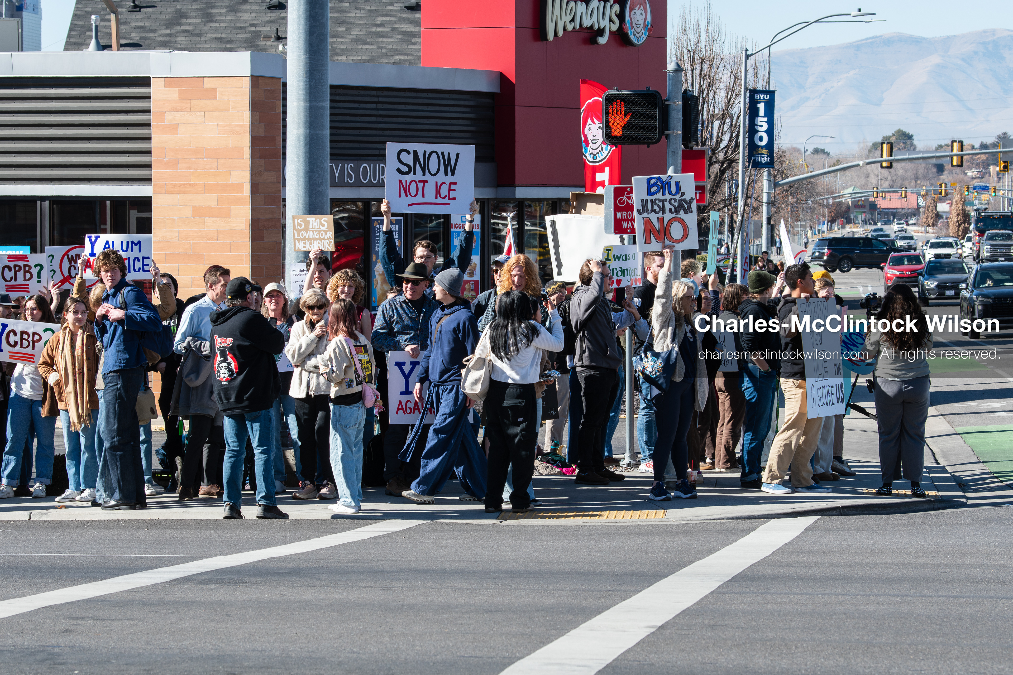 February 5, 2026, Provo, Utah, USA: Students and community members gather near Brigham Young University in Provo to demonstrate against the presence of US Customs and Border Protection recruiters at a career fair held on the BYU campus. (Credit Image: © Charles McClintock Wilson/ZUMA Press Wire)