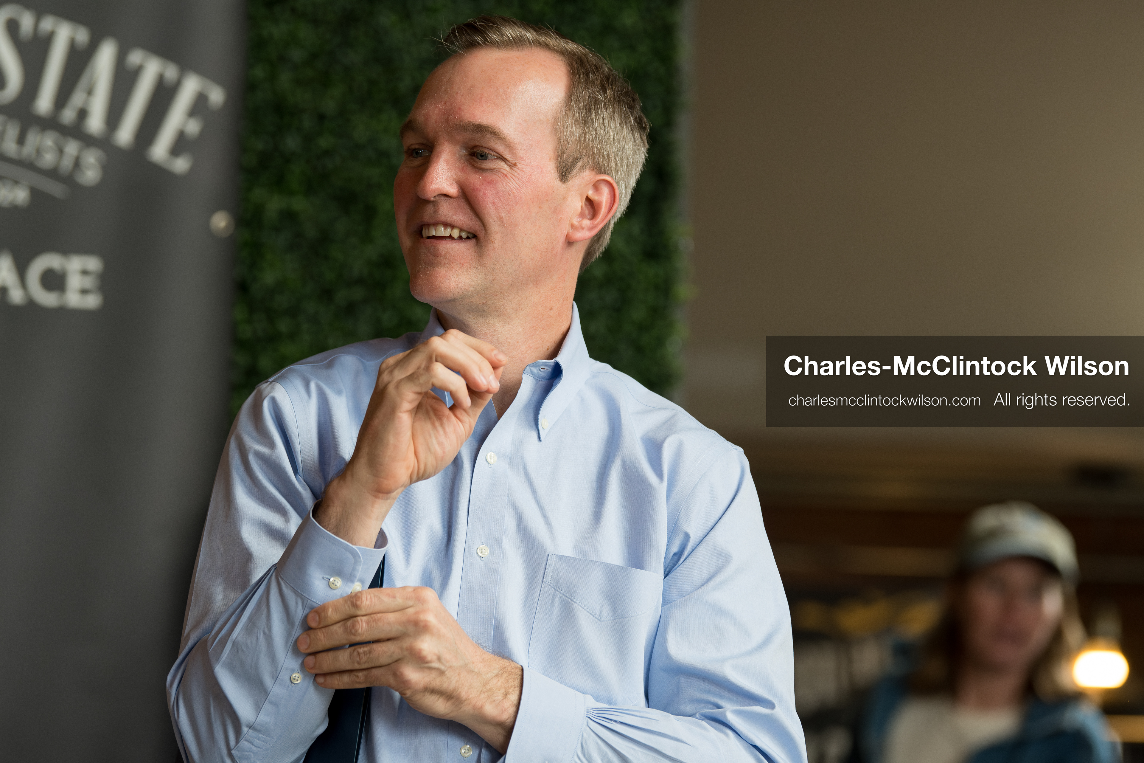 April 22, 2026, Salt Lake City, Utah, USA: Democratic congressional candidate BEN McADAMS gestures while speaking with attendees before the Earth Day 1st District Candidate Debate at Church and State Marketplace. The event, hosted by Stewardship Utah, brought together candidates to discuss environmental and policy issues ahead of the 2026 election. (Credit Image: © Charles-McClintock Wilson/ZUMA Press Wire)