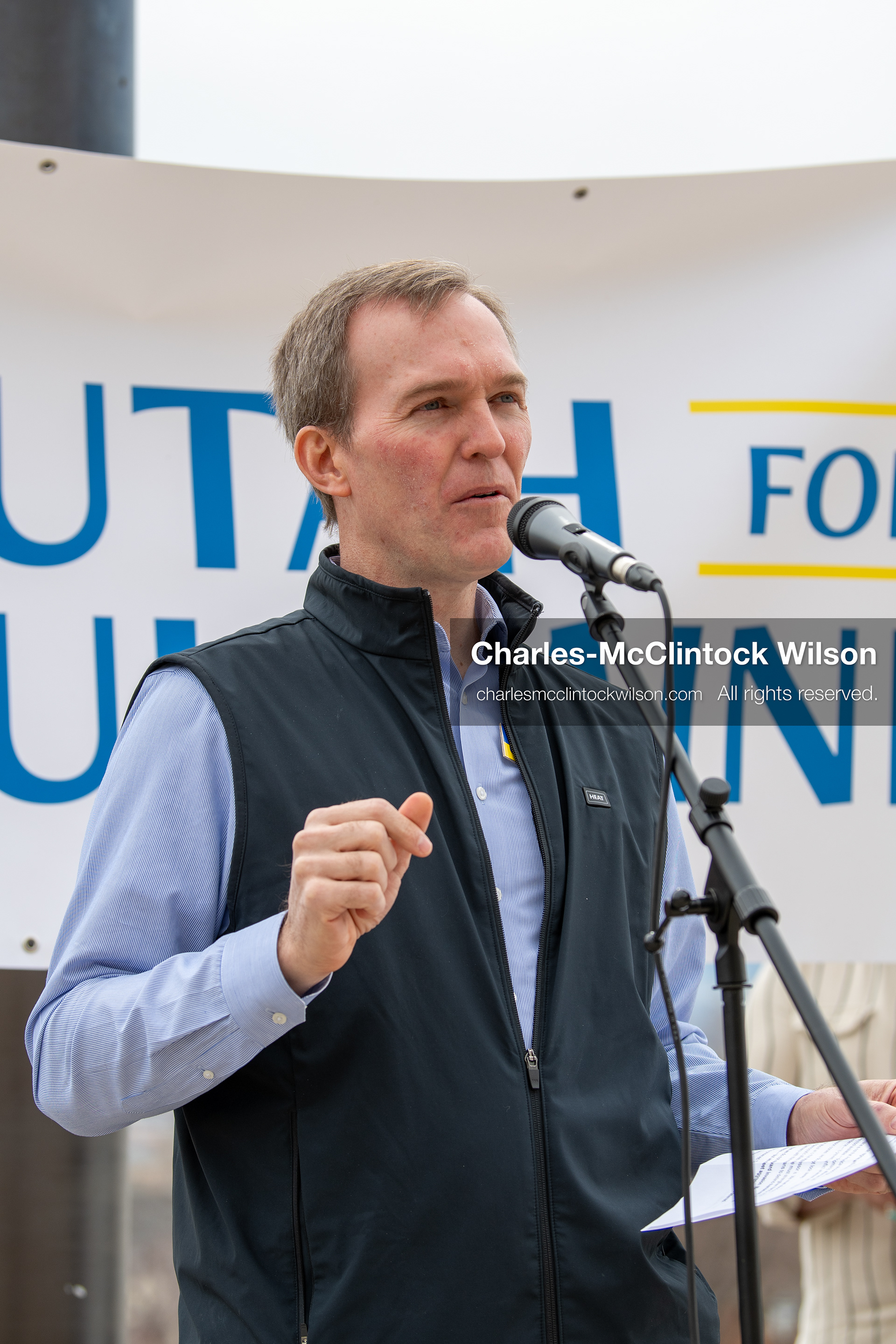 February 28, 2026, Salt Lake City, Utah, USA: Former U.S. Rep BEN MCADAMS, a Democrat from Utah and a 2026 congressional candidate, speaks during the Stand With Ukraine rally at the Utah State Capitol. The event marked the four year anniversary of the full scale Russian invasion of Ukraine and drew community members showing support for Ukrainians and local humanitarian efforts. (Credit Image: © Charles McClintock Wilson/ZUMA Press Wire)