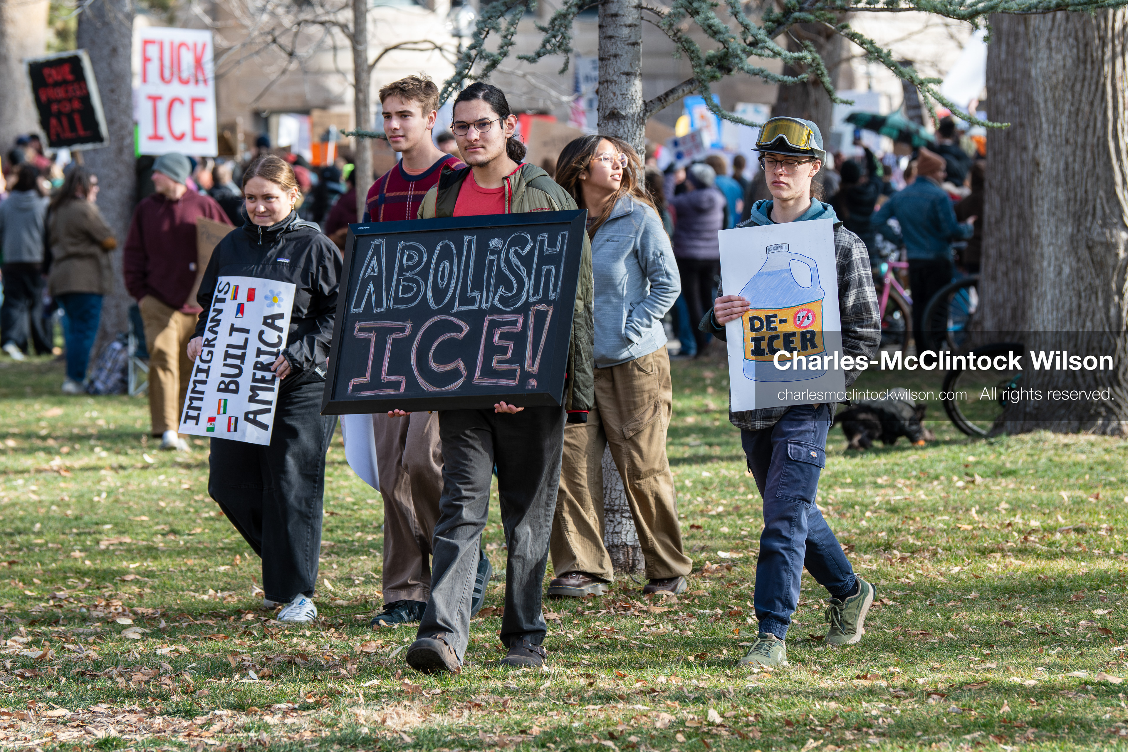 January 30, 2026, Salt Lake City, Utah, USA: Demonstrators gather at Washington Square Park holding signs during an anti‑ICE protest in Salt Lake City, part of a nationwide response to immigration enforcement policies. (Credit Image: © Charles‑McClintock Wilson/ZUMA Press Wire)
