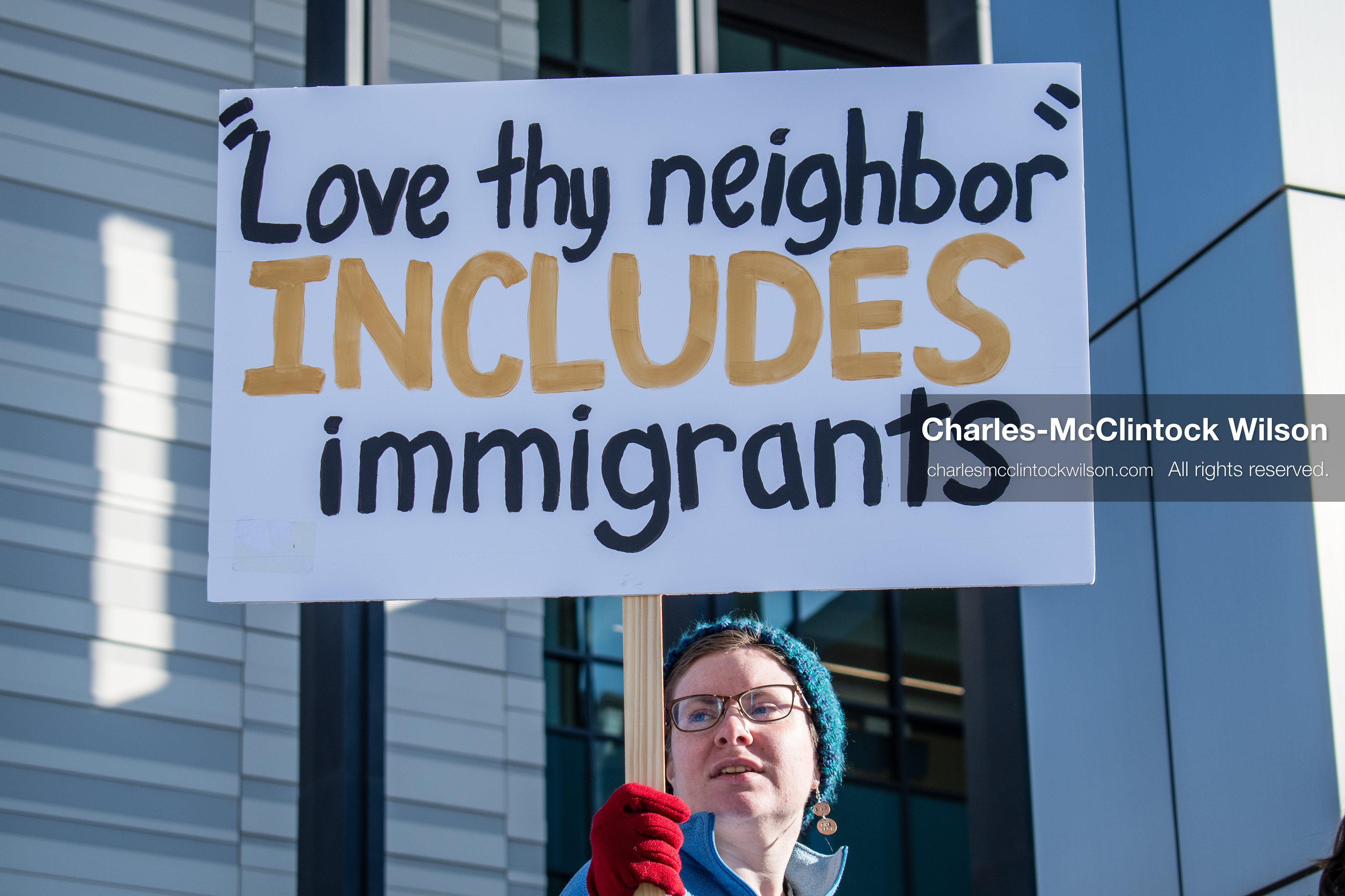 January 20, 2026, Provo, Utah, USA: A demonstrator holds a sign reading Love thy neighbor includes immigrants during the Free America Walkout outside Provo City Hall in Provo Utah on January 20 2026. The nationwide protest called for justice and immigration reform. (Credit Image: © Charles-McClintock Wilson/ZUMA Press Wire)