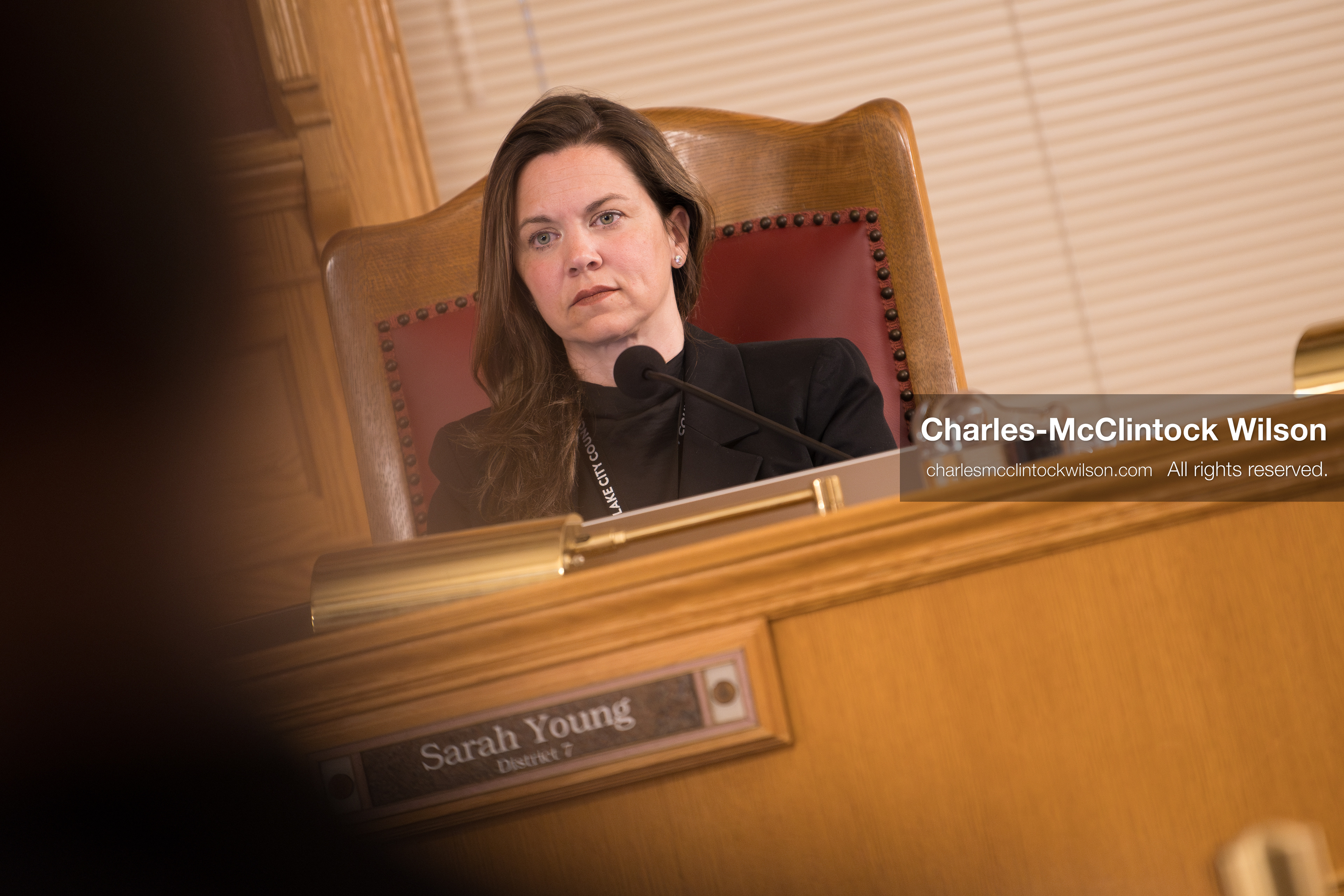 May 5, 2026, Salt Lake City, Utah, USA: Salt Lake City Council Member SARAH YOUNG, who represents District 7 and the greater Sugar House area, listens during the council's formal meeting in Salt Lake City on Tuesday, May 5, 2026. The meeting included public hearings on a proposed camping and public property ordinance. (Credit Image: © Charles-McClintock Wilson/ZUMA Press Wire)