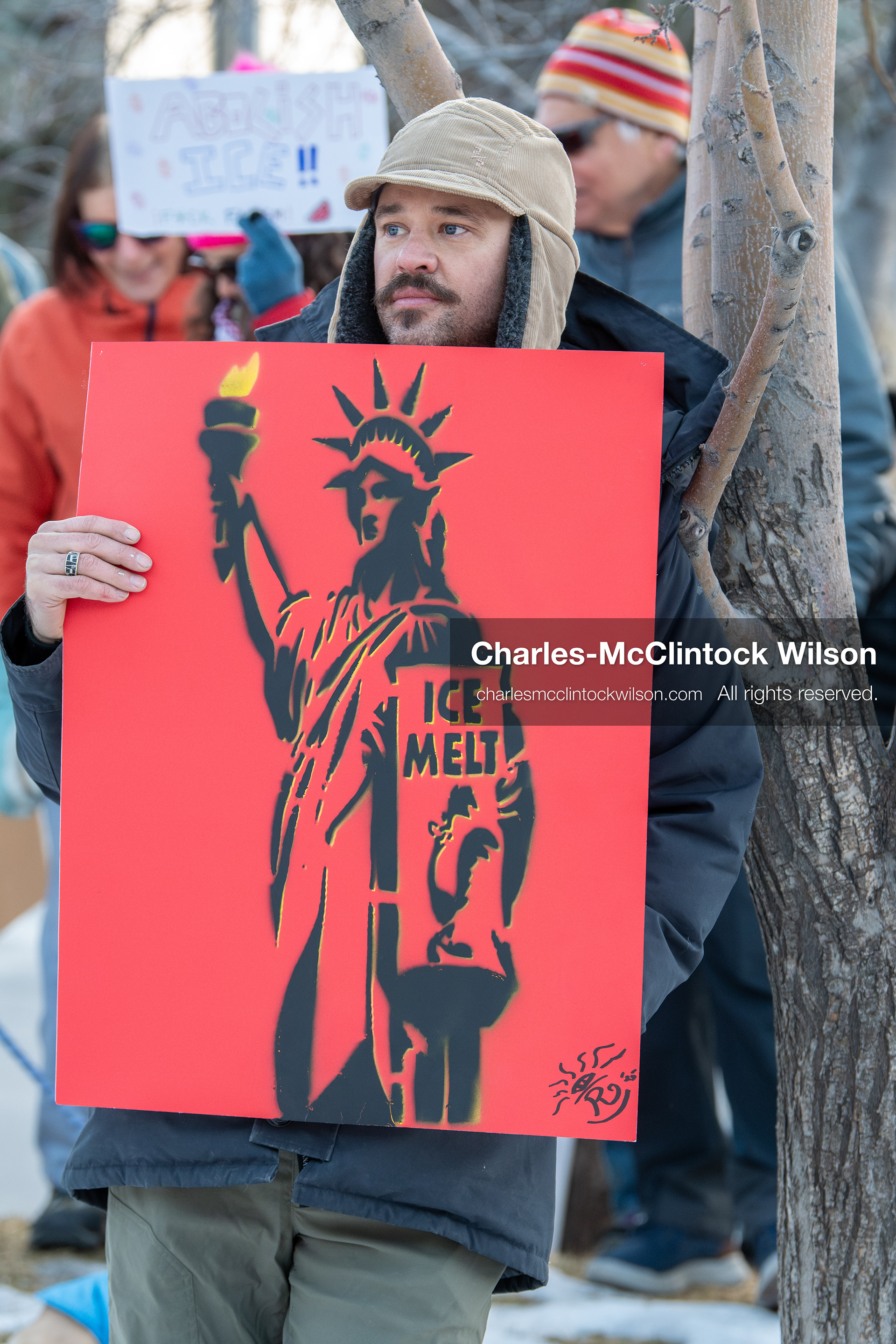 January 26, 2026, Park City, Utah, USA: A demonstrator holds a sign during a protest opposing U.S. Immigration and Customs Enforcement (I.C.E.) ICE agents at Miner's Park on Main Street during the Sundance Film Festival in Park City, Utah, on Monday, Jan. 26, 2026. The event was held in response to the fatal shooting of Alex Pretti by a U.S. Border Patrol officer in Minneapolis. (Credit Image: © Charles McClintock Wilson/ZUMA Press Wire)