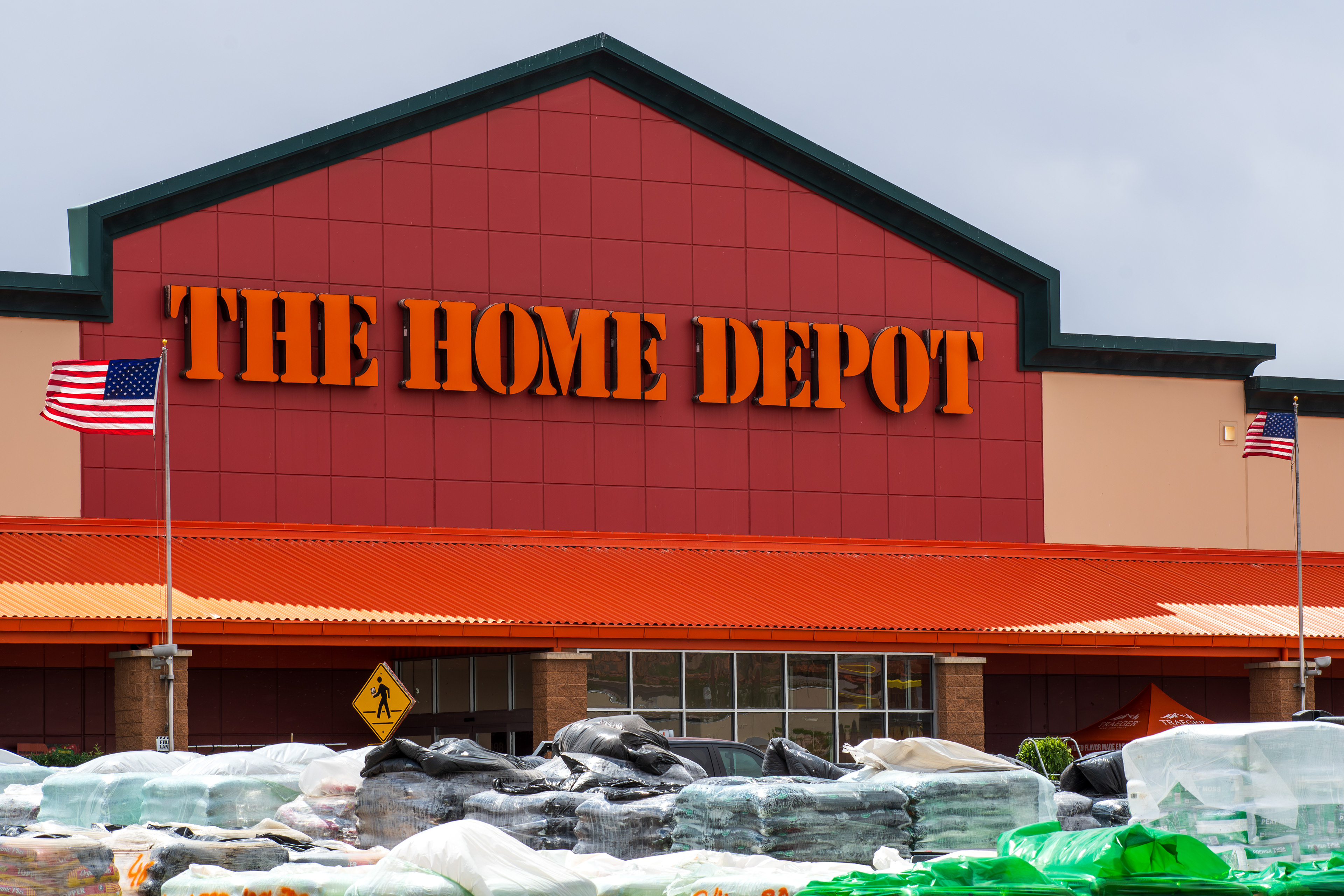 ST. GEORGE, UT, USA - MAY 4, 2025: Exterior view of The Home Depot store logo sign on May 4, 2025, in St. George, Utah, USA. The Home Depot was founded in 1978 by Bernie Marcus and Arthur Blank.