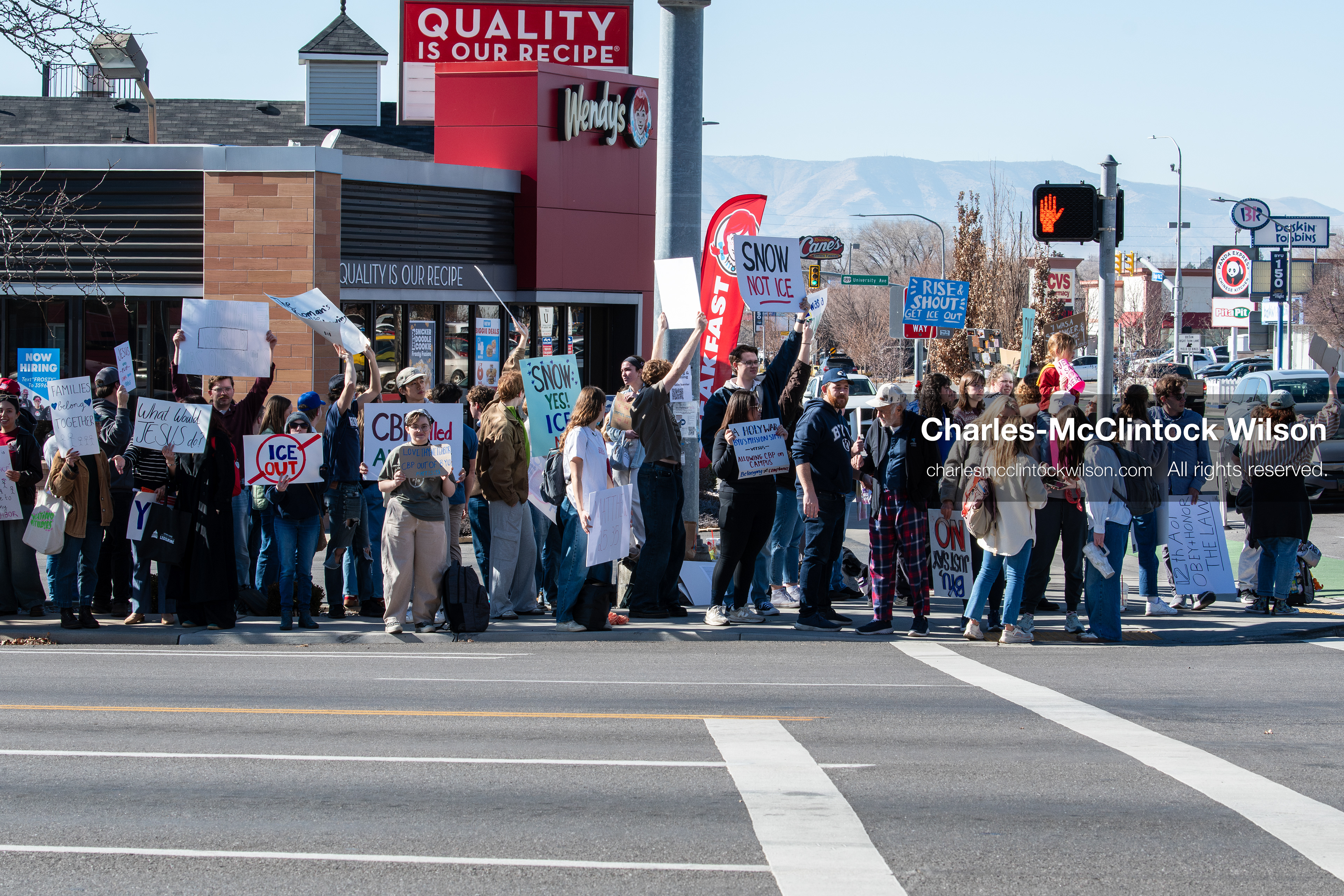 February 5, 2026, Provo, Utah, USA: Students and community members gather near Brigham Young University in Provo to demonstrate against the presence of US Customs and Border Protection recruiters at a career fair held on the BYU campus. (Credit Image: © Charles McClintock Wilson/ZUMA Press Wire)