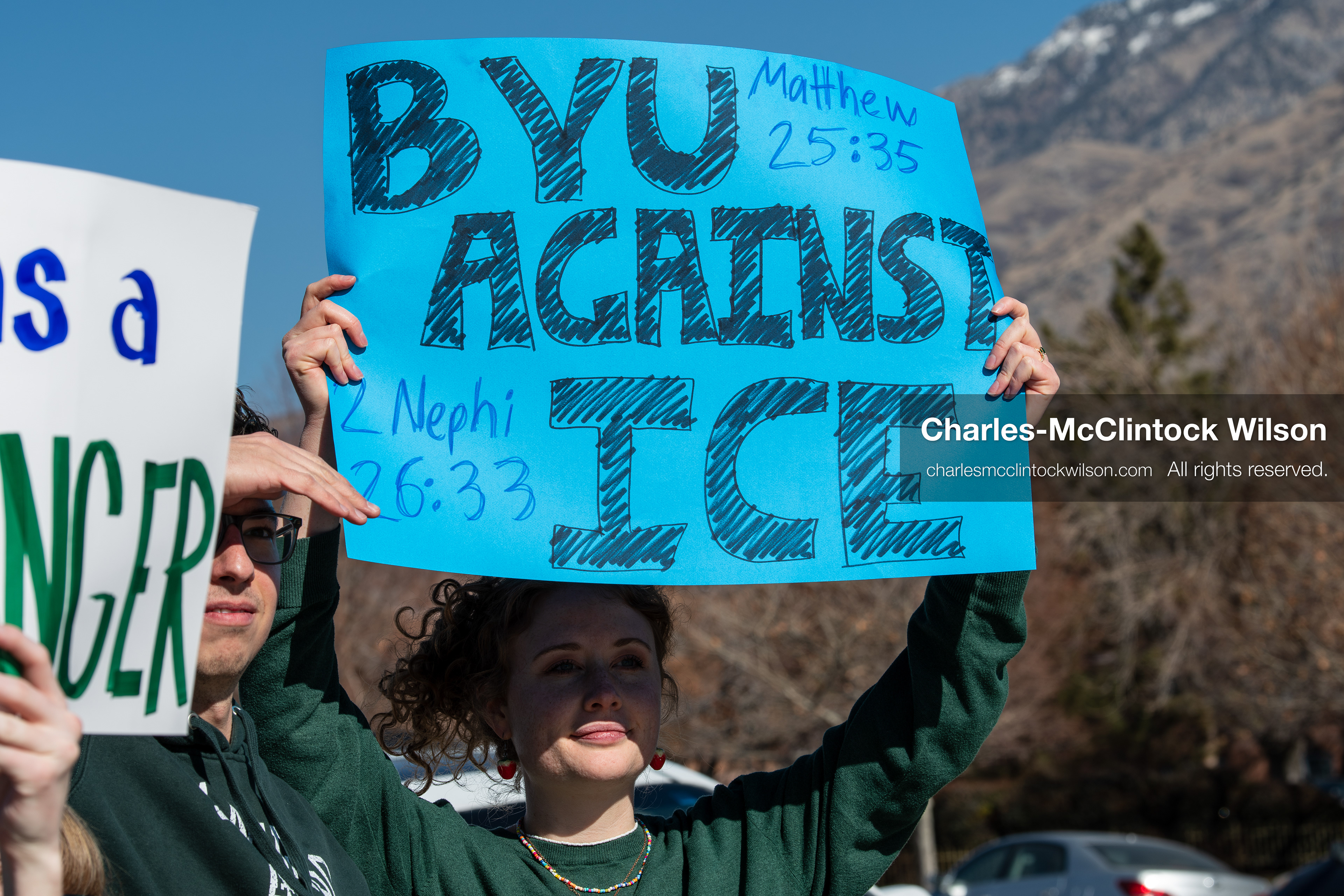 February 5, 2026, Provo, Utah, USA: Students and community members gather near Brigham Young University in Provo to demonstrate against the presence of US Customs and Border Protection recruiters at a career fair held on the BYU campus. (Credit Image: © Charles McClintock Wilson/ZUMA Press Wire)