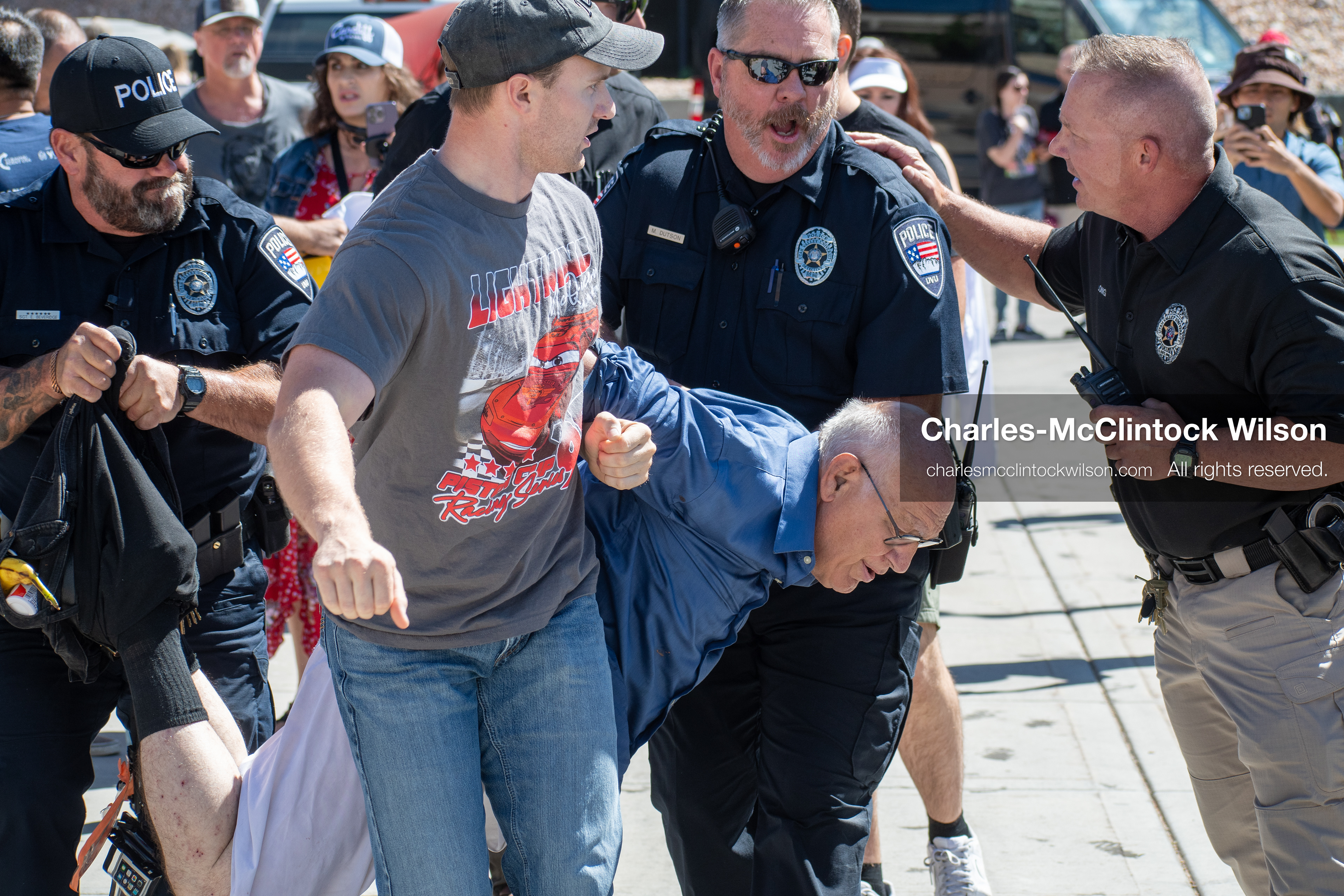September 10, 2025, Orem, Utah, USA: George Zinn is taken into custody by campus security following the fatal shooting of Charlie Kirk during a public event at Utah Valley University. At the time of the arrest, Zinn was identified as the alleged shooter. He was later released and subsequently arrested on unrelated charges. Law enforcement confirmed that the actual suspect remained at large during this initial response. (Credit Image: © Charles-McClintock Wilson/ZUMA Press Wire)