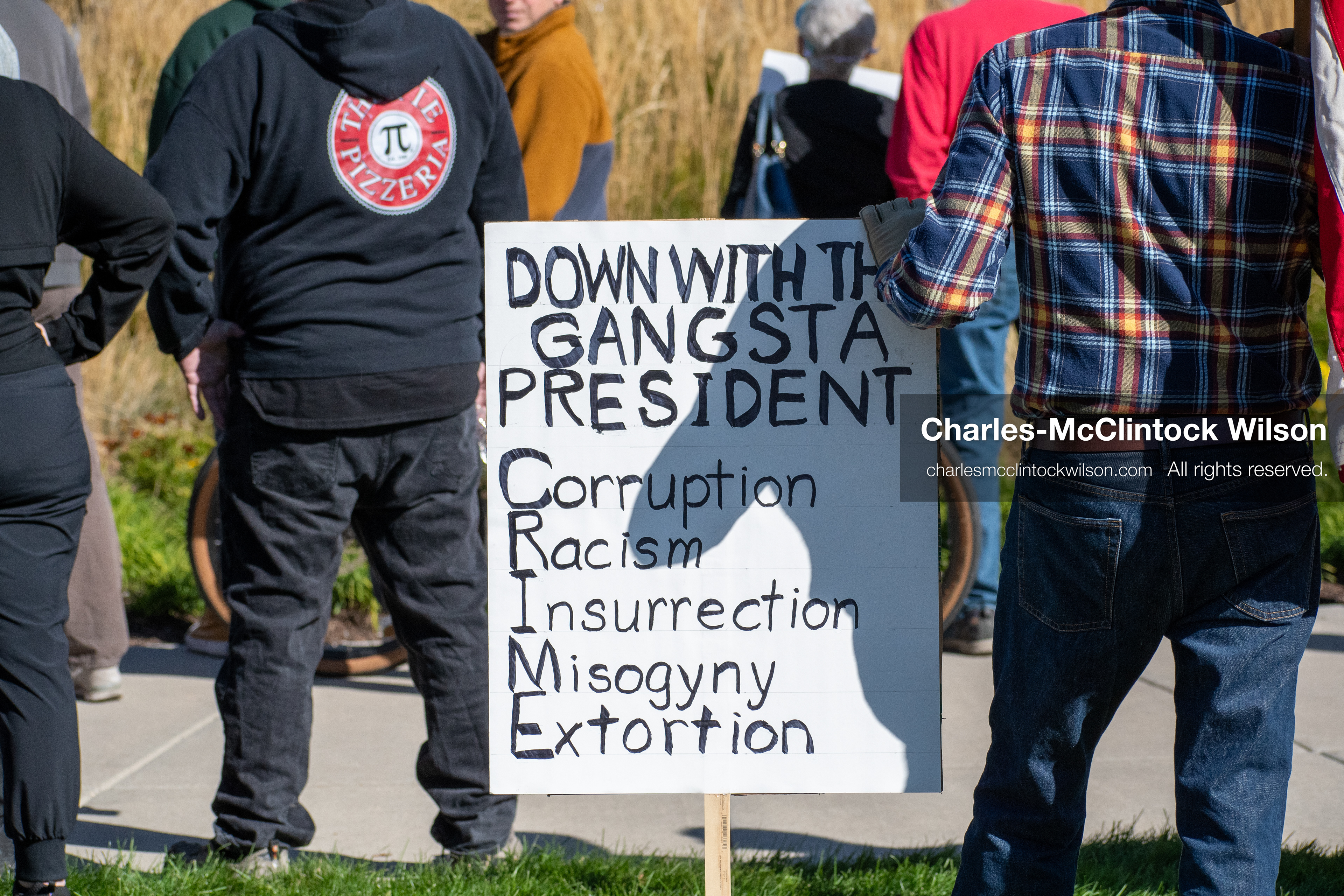 October 18, 2025, Salt Lake City, Utah, USA: A demonstrator raises a placard during a "No Kings" protest held at the Utah State Capitol. Other participants and signs are visible in the background during the public gathering.