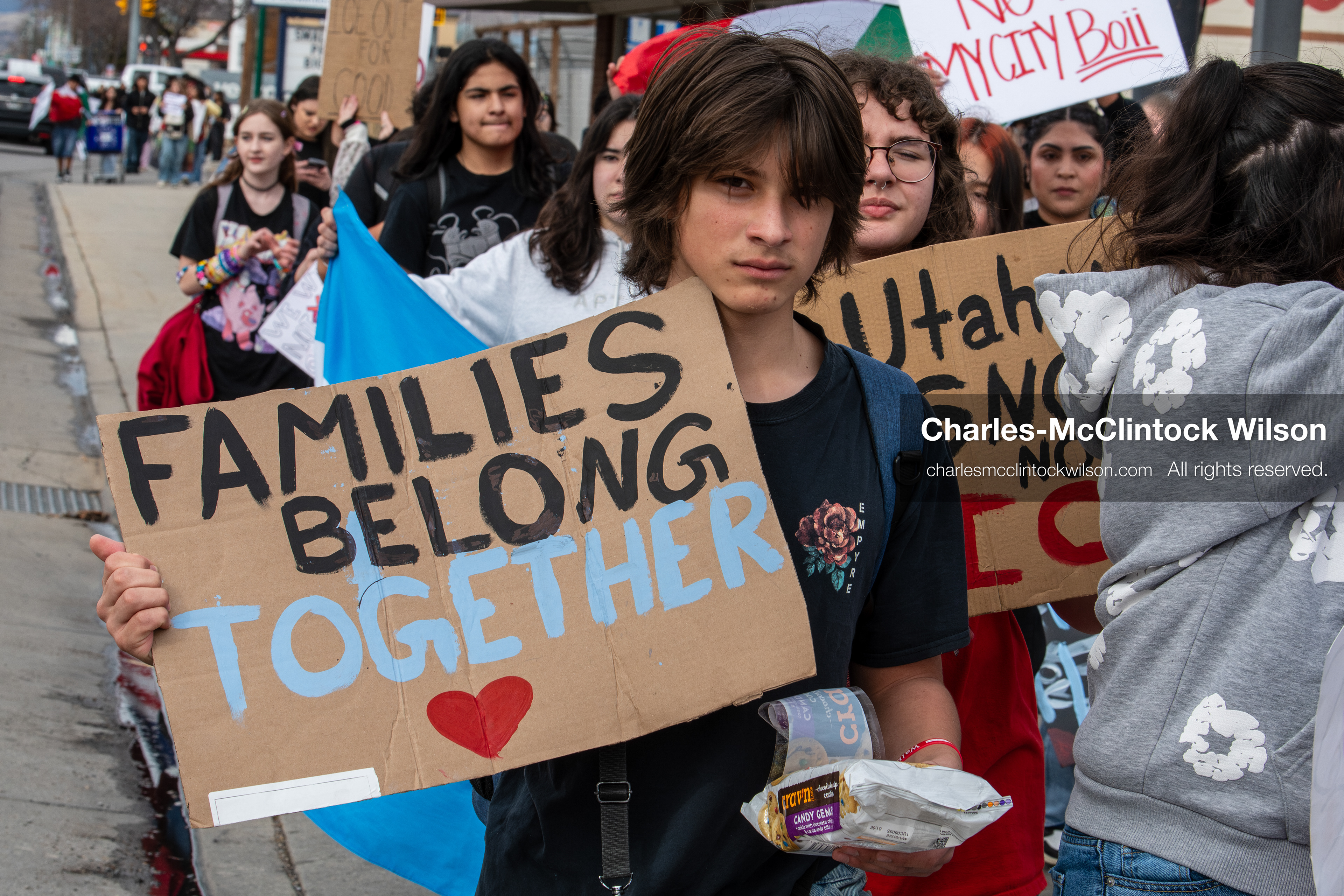 February 11, 2026, Orem, Utah, USA: Students march along State Street during a student‑led protest involving participants from multiple Orem schools. (Credit Image: © Charles‑McClintock Wilson/ZUMA Press Wire)