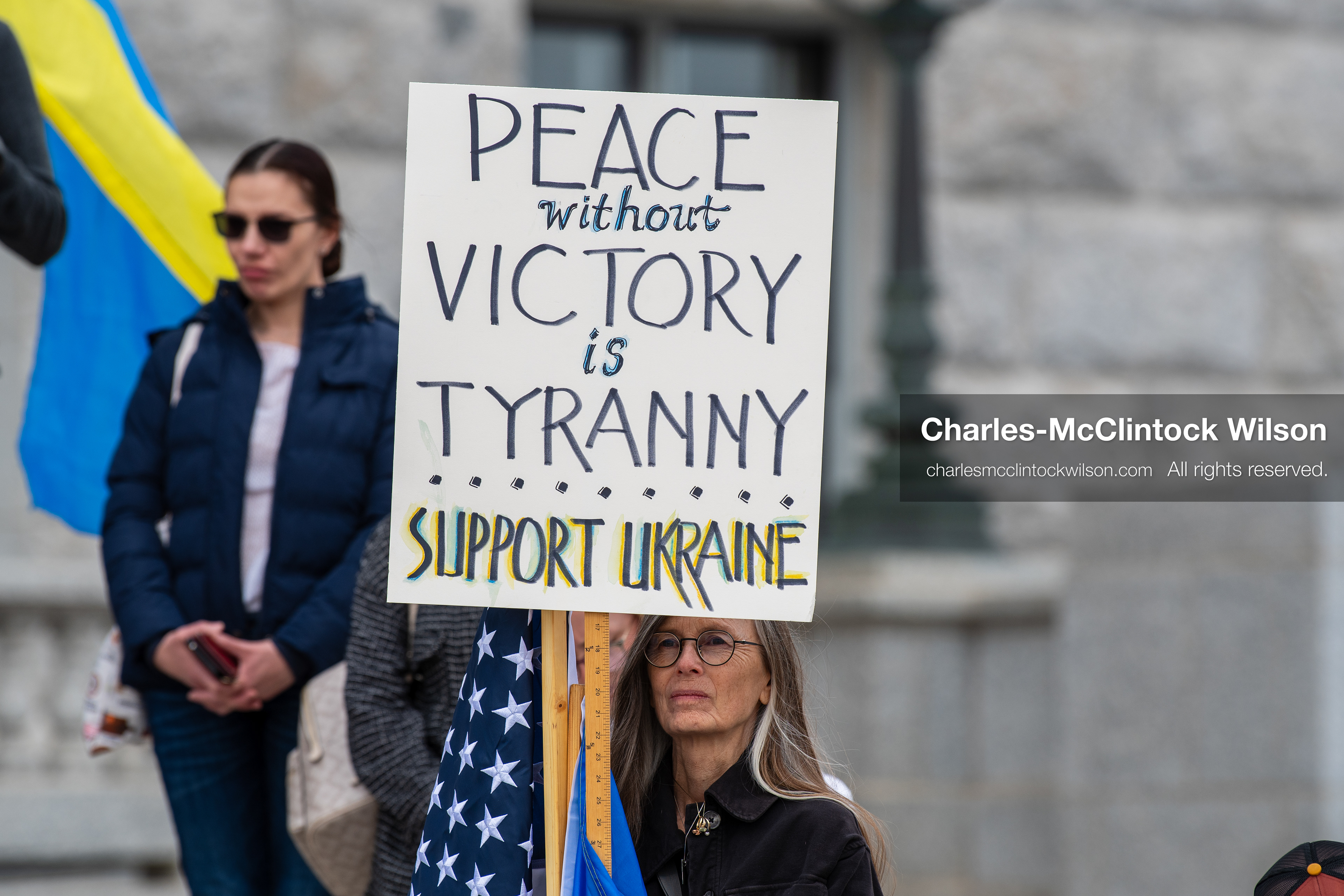 February 28, 2026, Salt Lake City, Utah, USA: A demonstrator holds a sign reading Peace Without Victory Is Tyranny Support Ukraine during the Stand With Ukraine rally near the Utah State Capitol. The gathering marked the four year anniversary of the full scale Russian invasion of Ukraine and brought community members together in support of Ukrainians and local humanitarian efforts. (Credit Image: © Charles McClintock Wilson/ZUMA Press Wire)