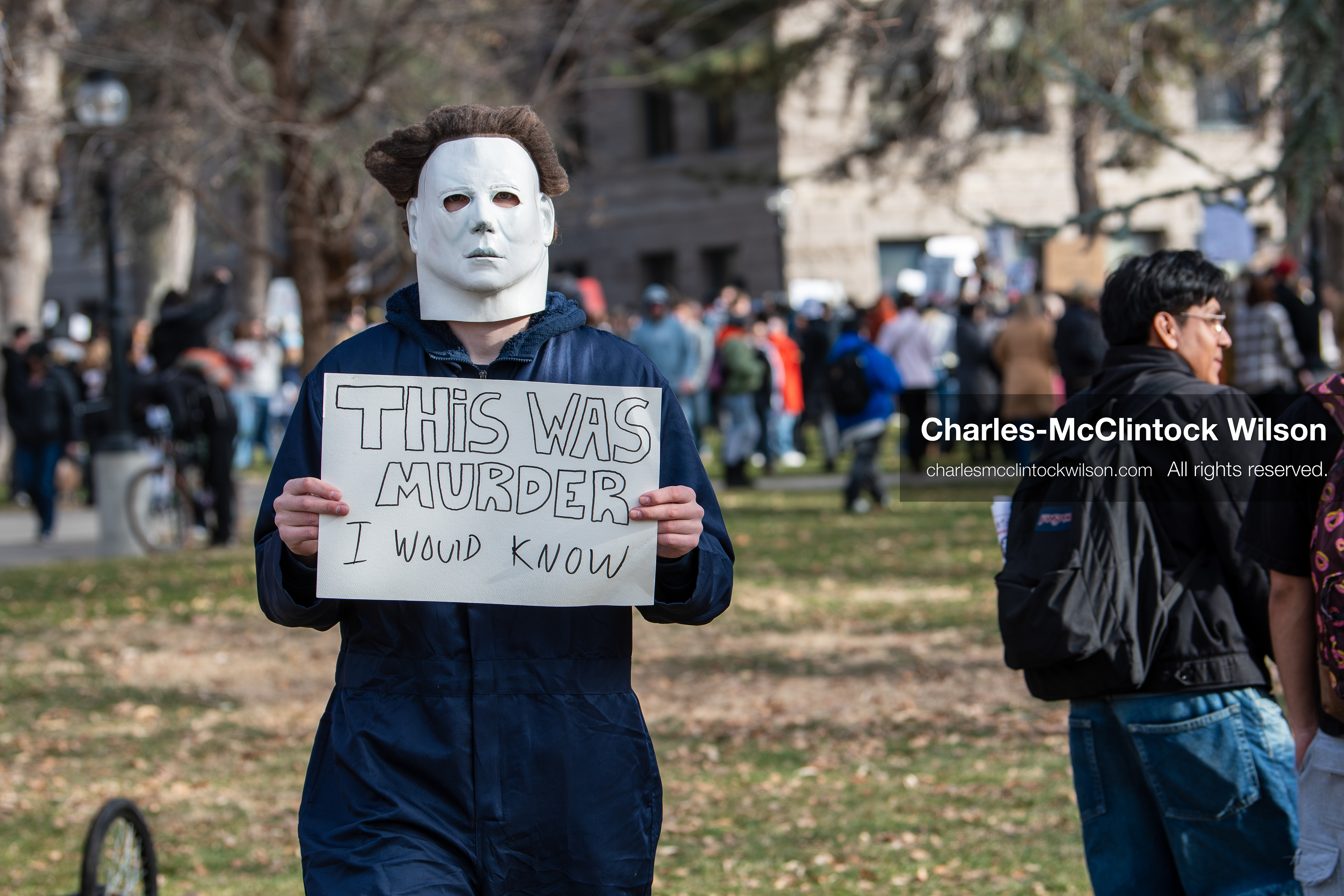 January 30, 2026, Salt Lake City, Utah, USA: A demonstrator dressed as Michael Myers holds a sign during an anti‑ICE protest in Salt Lake City, part of a nationwide response to immigration enforcement policies. (Credit Image: © Charles‑McClintock Wilson/ZUMA Press Wire)