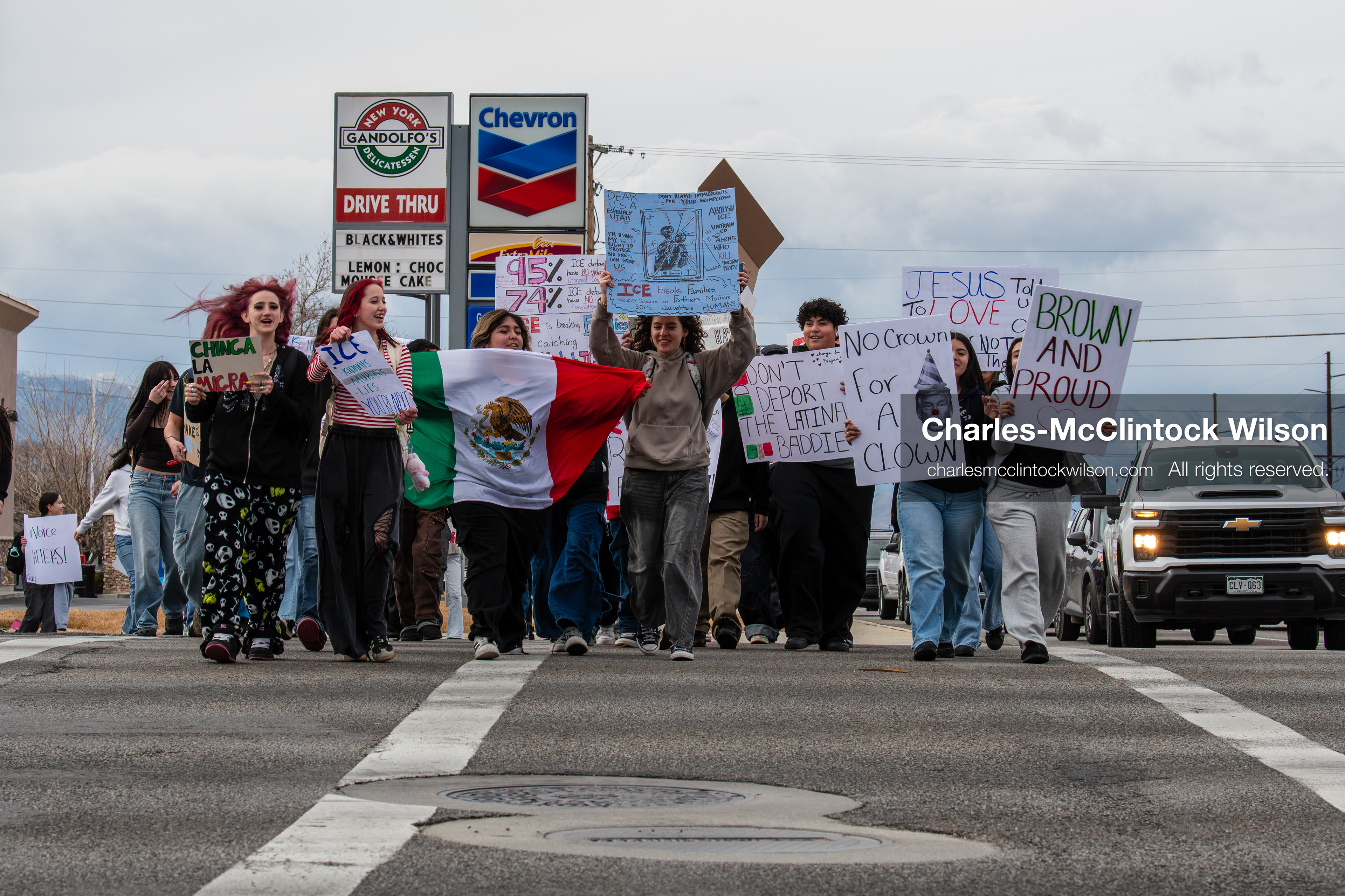 February 11, 2026, Orem, Utah, USA: Students march along State Street during a student‑led protest involving participants from multiple Orem schools. (Credit Image: © Charles‑McClintock Wilson/ZUMA Press Wire)