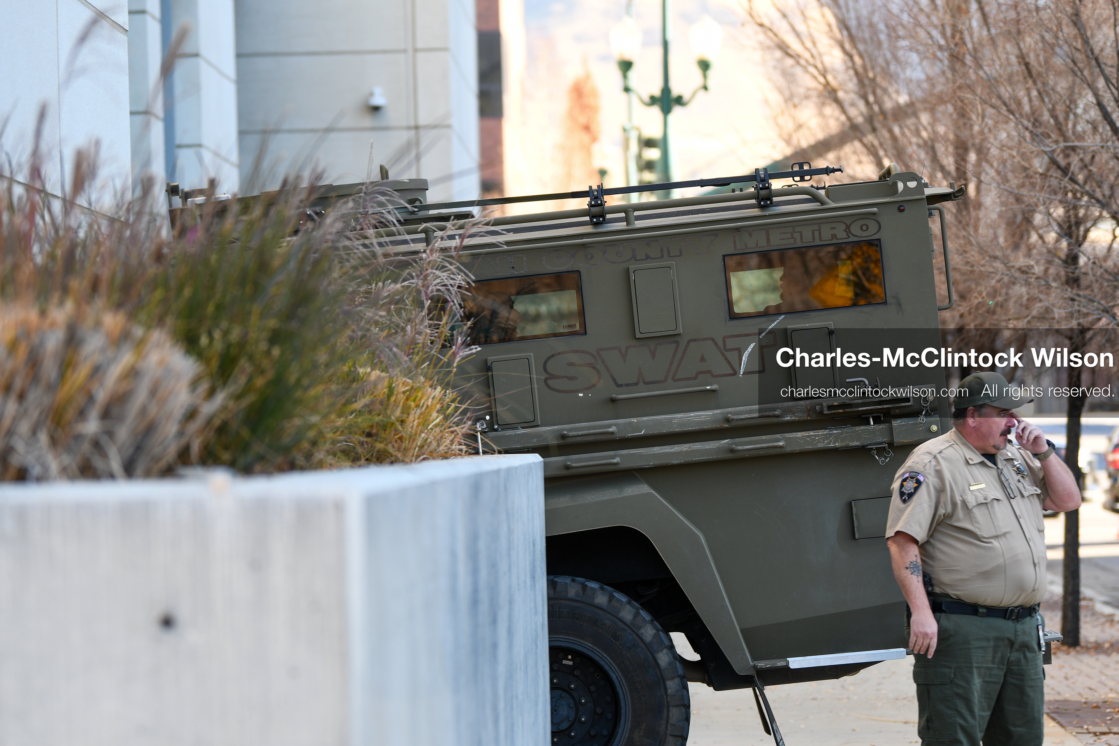 PROVO, UTAH, USA – DECEMBER 11, 2025: An armored vehicle marked SWAT arrives outside the Fourth District Court in Provo, Utah, transporting Tyler Robinson for his first in‑person court appearance in the Charlie Kirk murder case. (Credit Image: © Charles‑McClintock Wilson/ZUMA Press Wire)