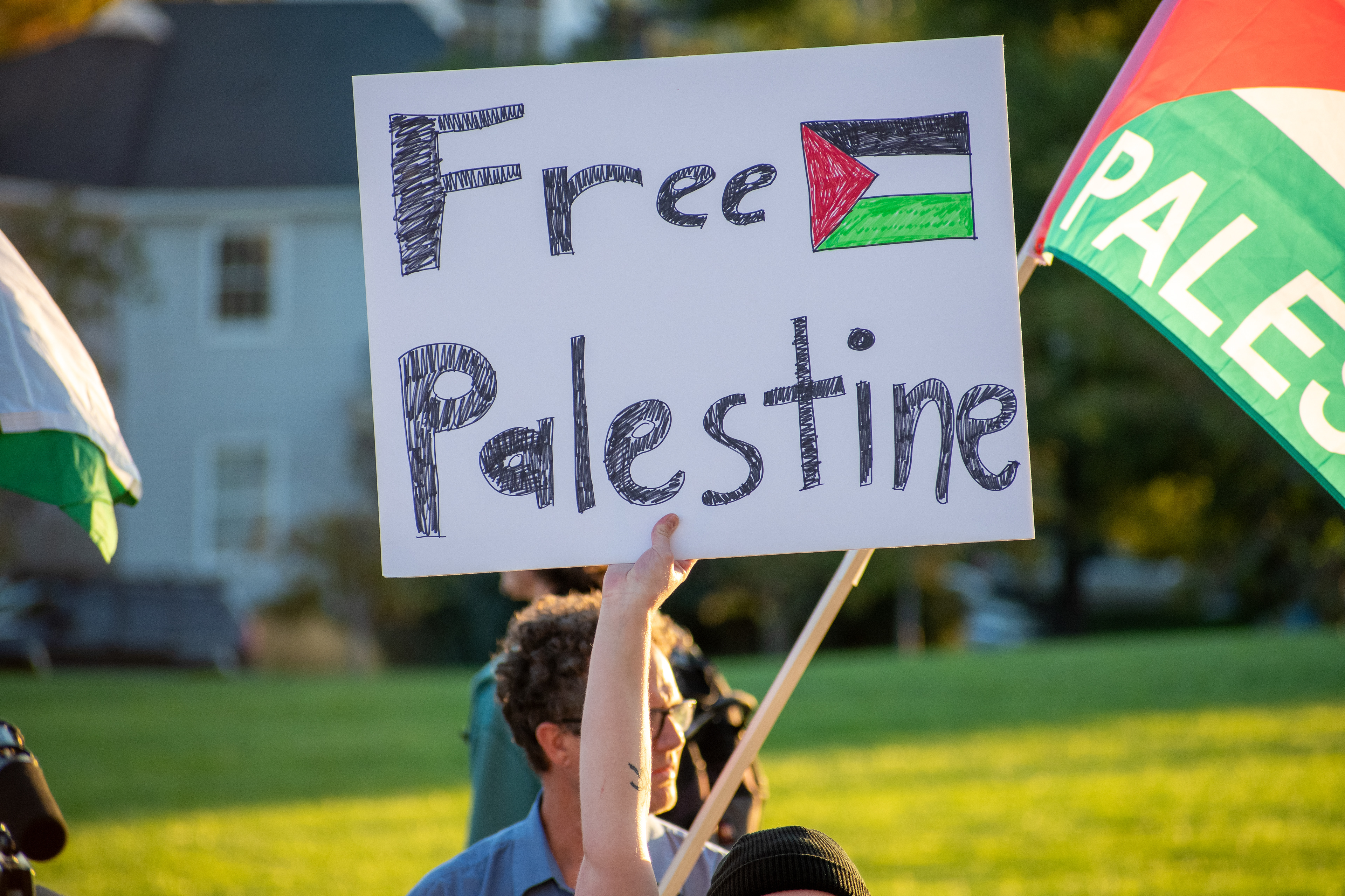 October 10, 2025, Salt Lake City, Utah, USA: A protester holds a sign reading â€œFree Palestineâ€ during the Free Palestine Rally organized in front of the Utah State Capitol. Flags are visible in the background as participants gather in support of Palestinian rights. (Credit Image: © Charles-McClintock Wilson/ZUMA Press Wire)