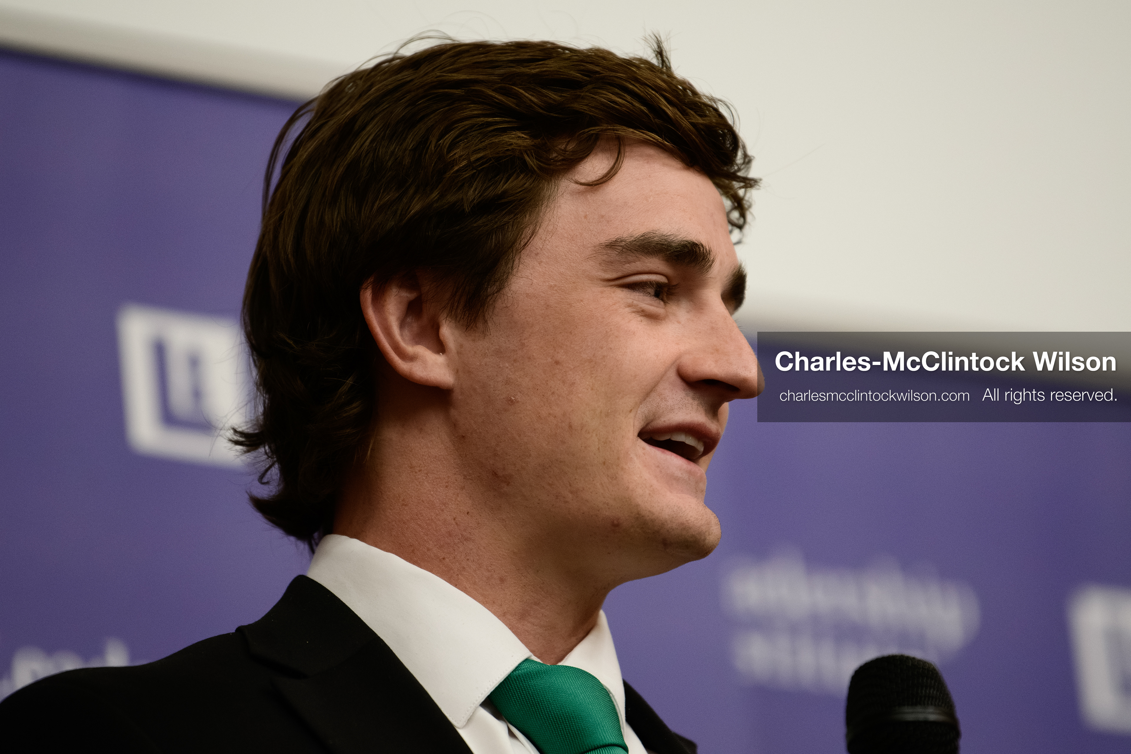 Salt Lake City, Utah, USA — US YouTuber Nick Shirley speaks during a “Learing Tour” event organized by the Utah Federation of College Republicans at the University of Utah, April 10, 2026. (Credit Image: © Charles-McClintock Wilson/ZUMA Press Wire)