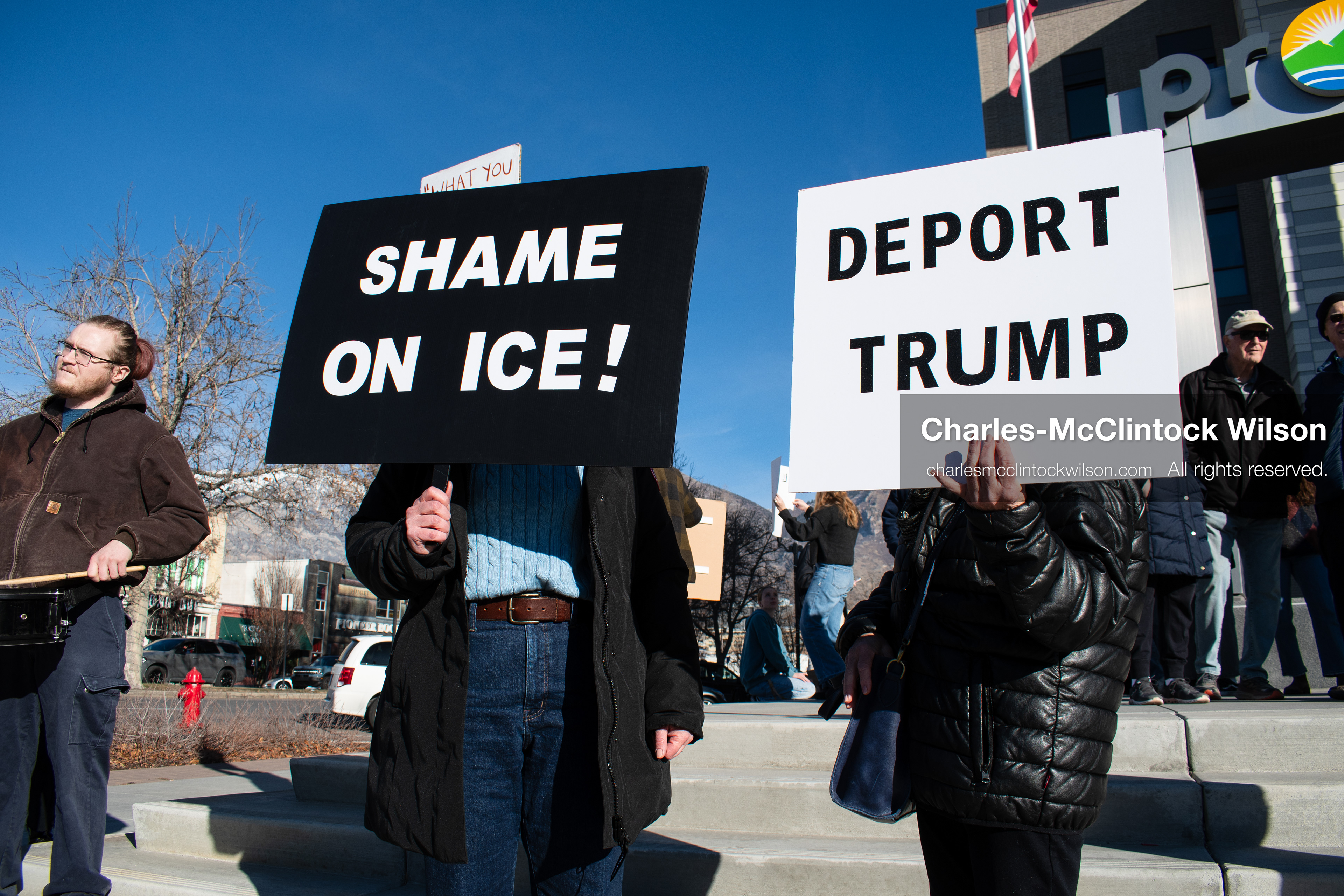 January 20, 2026, Provo, Utah, USA: Protesters gather outside Provo City Hall during the Free America Walkout protest in Provo, Utah, on January 20, 2026. Demonstrators held signs calling for justice, immigration reform, and an end to detention practices. (Credit Image: © Charles-McClintock Wilson/ZUMA Press Wire)
