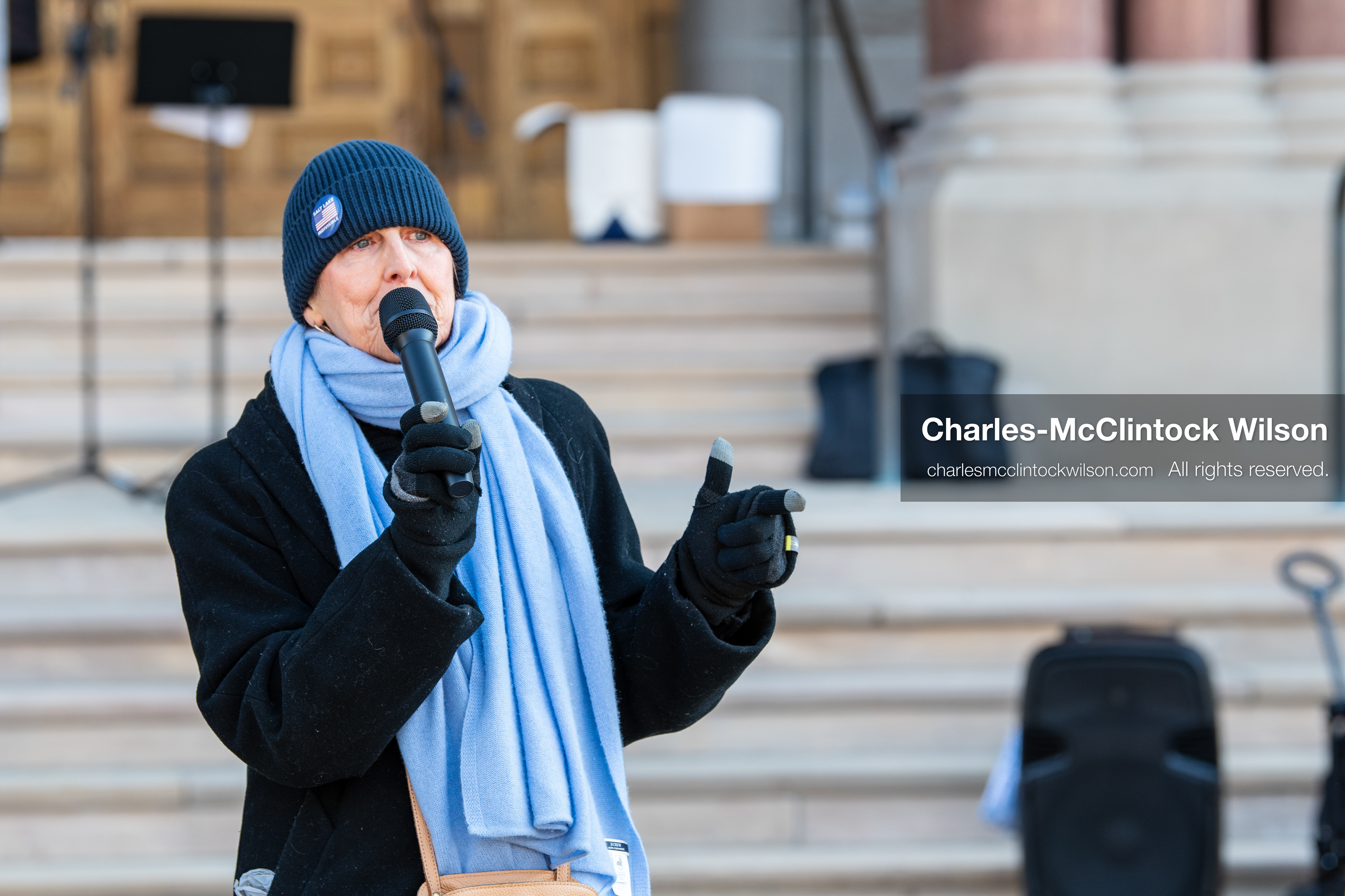 Salt Lake City, Utah, January 10, 2026: Sarah Buck, leader and key organizer for Salt Lake Indivisible, speaks during the ICE Out for Good protest at Washington Square Park, a demonstration calling for justice for Renee Nicole Good. Salt Lake Indivisible is a local grassroots organization that opposes policies of the Trump administration and advocates for democratic protections. (Credit Image: © Charles‑McClintock Wilson/ZUMA Press Wire)